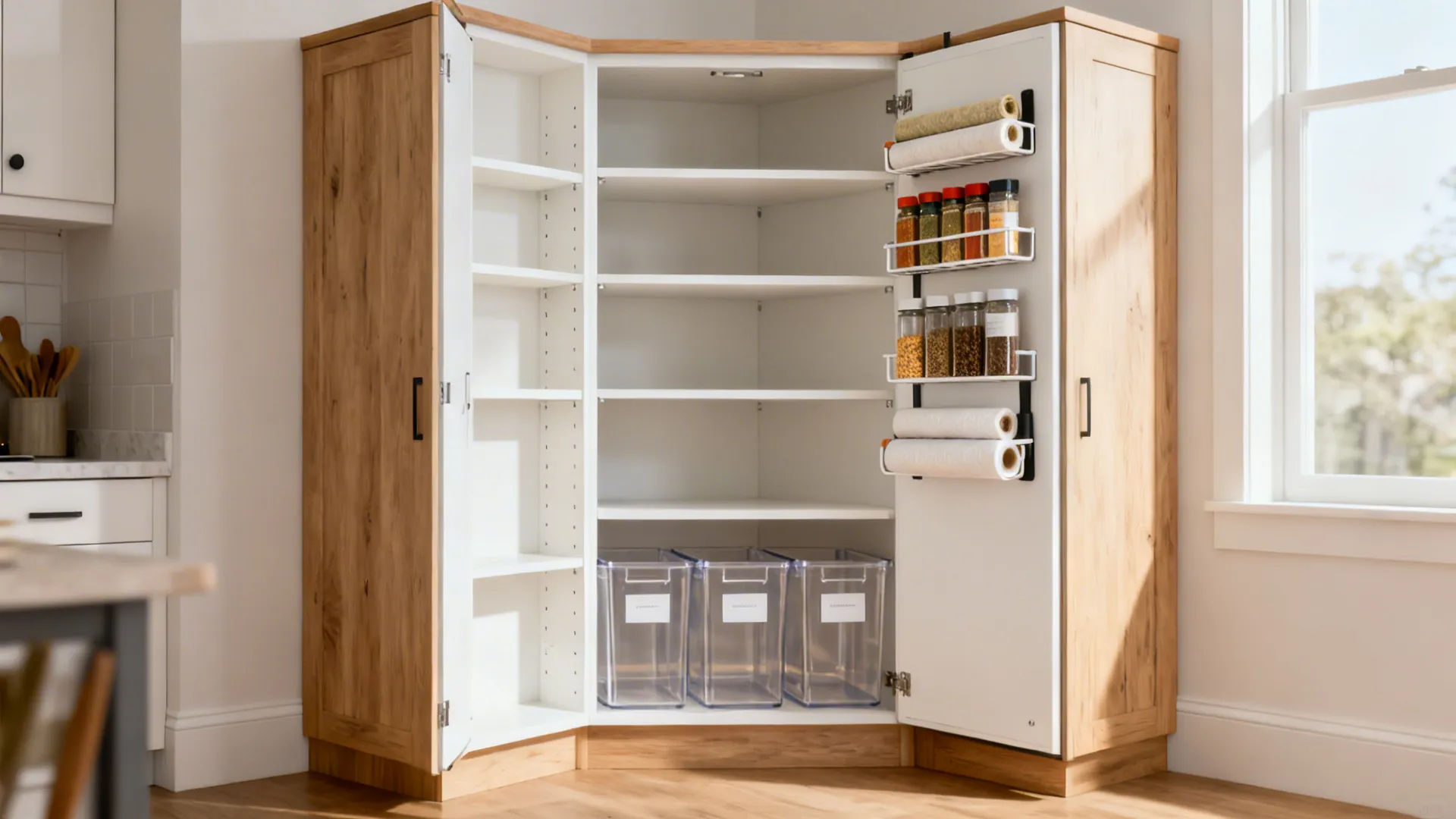 Open tall corner pantry with shallow side shelves, deeper center shelves, and door racks for spices in a modern kitchen.