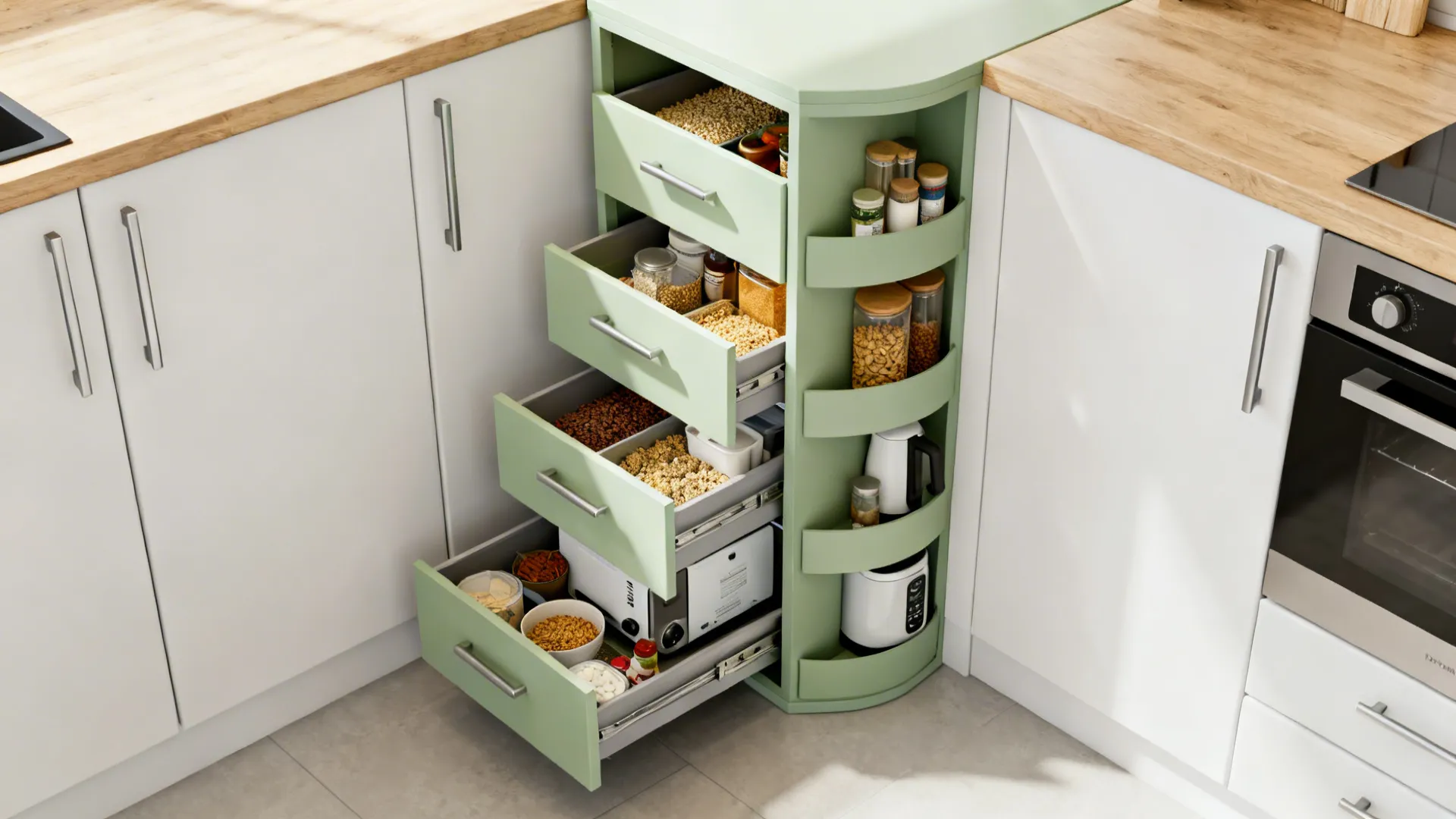 Top-down view of a tall corner pantry tower with wraparound pull-out trays extending for full visibility.