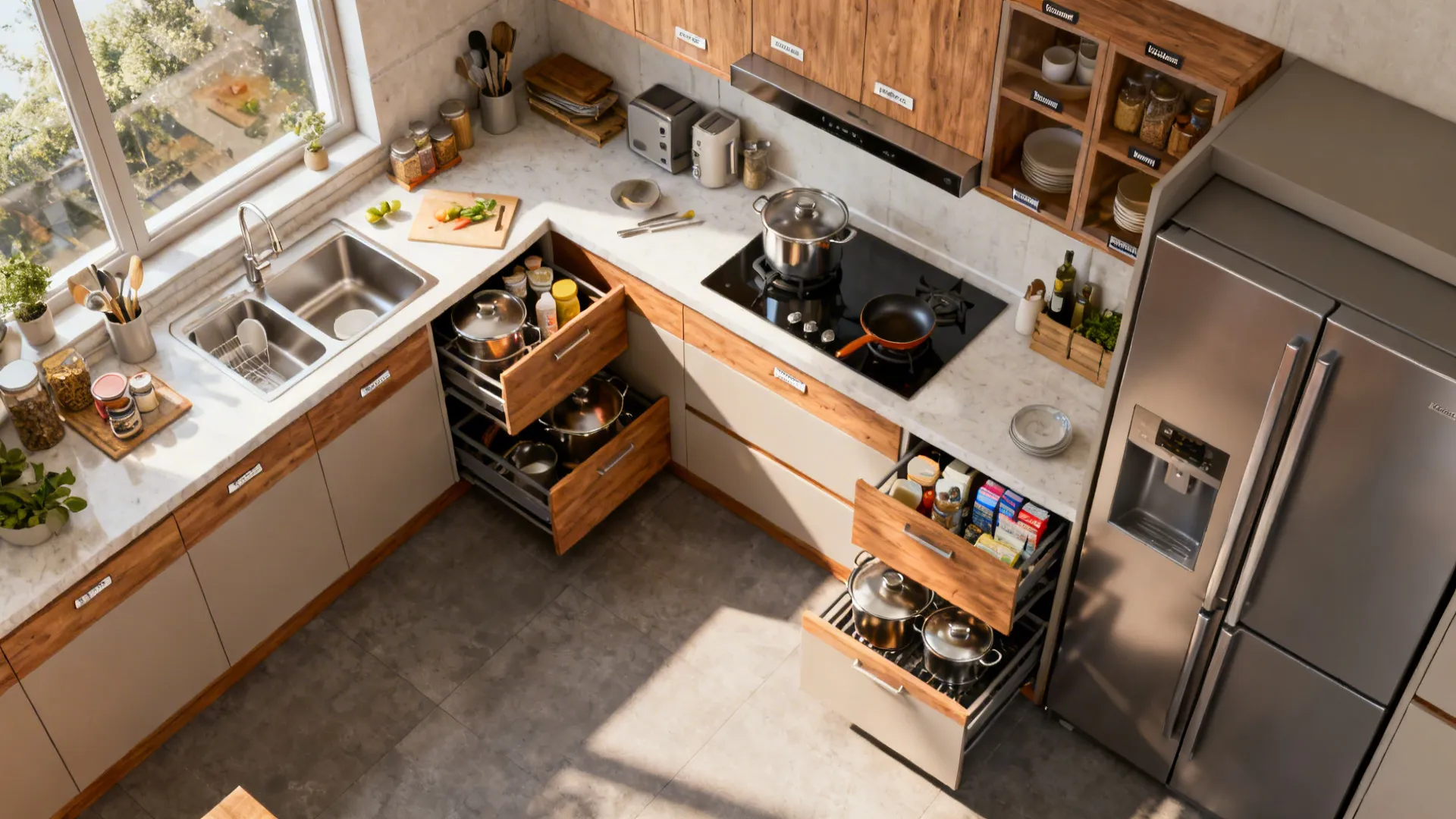 Top-down view of a compact L-shaped kitchen with a corner solution and full-height pull-out pantry.