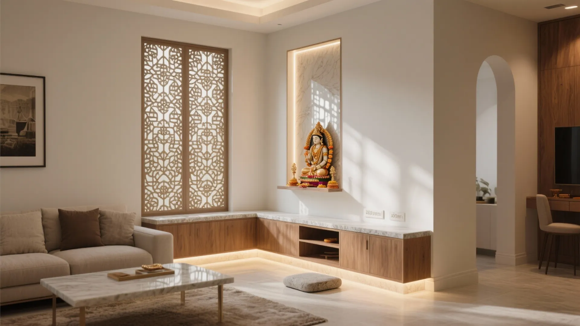 Modern living room with a cream sofa wooden cabinet corner shrine and white wall panel design