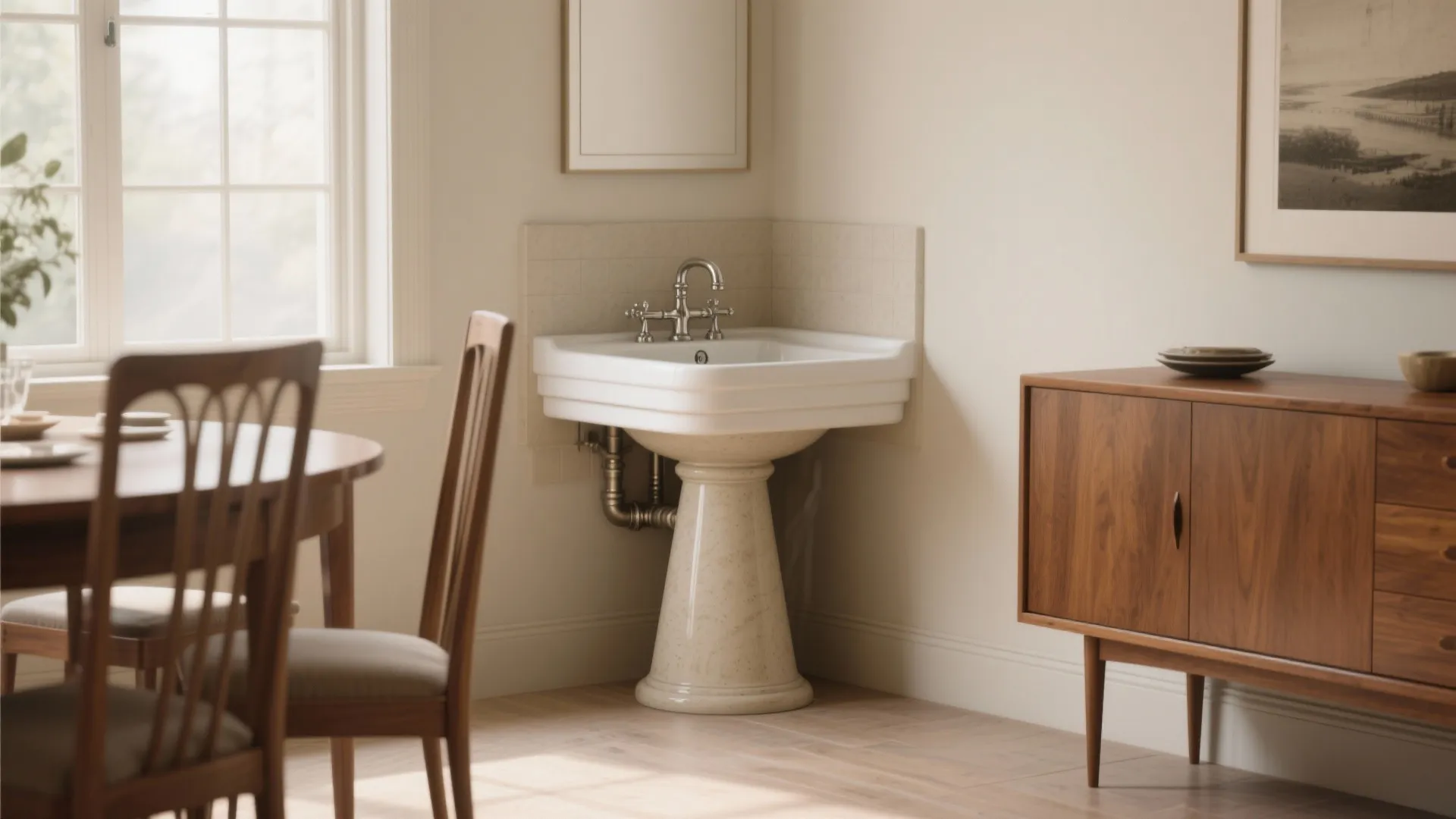 Tapered pedestal corner basin in a mid-century dining room with concealed plumbing.