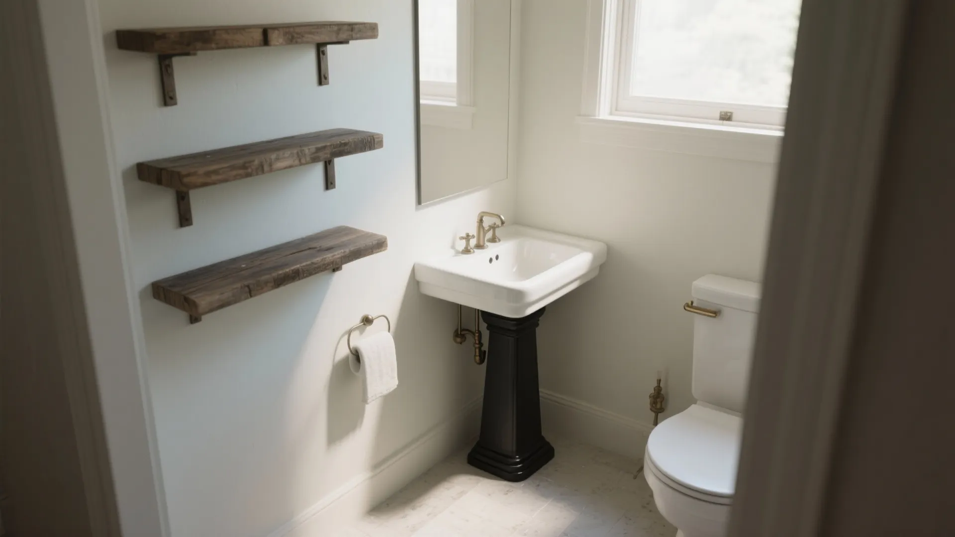 4. Corner black pedestal sink to free up floor plan