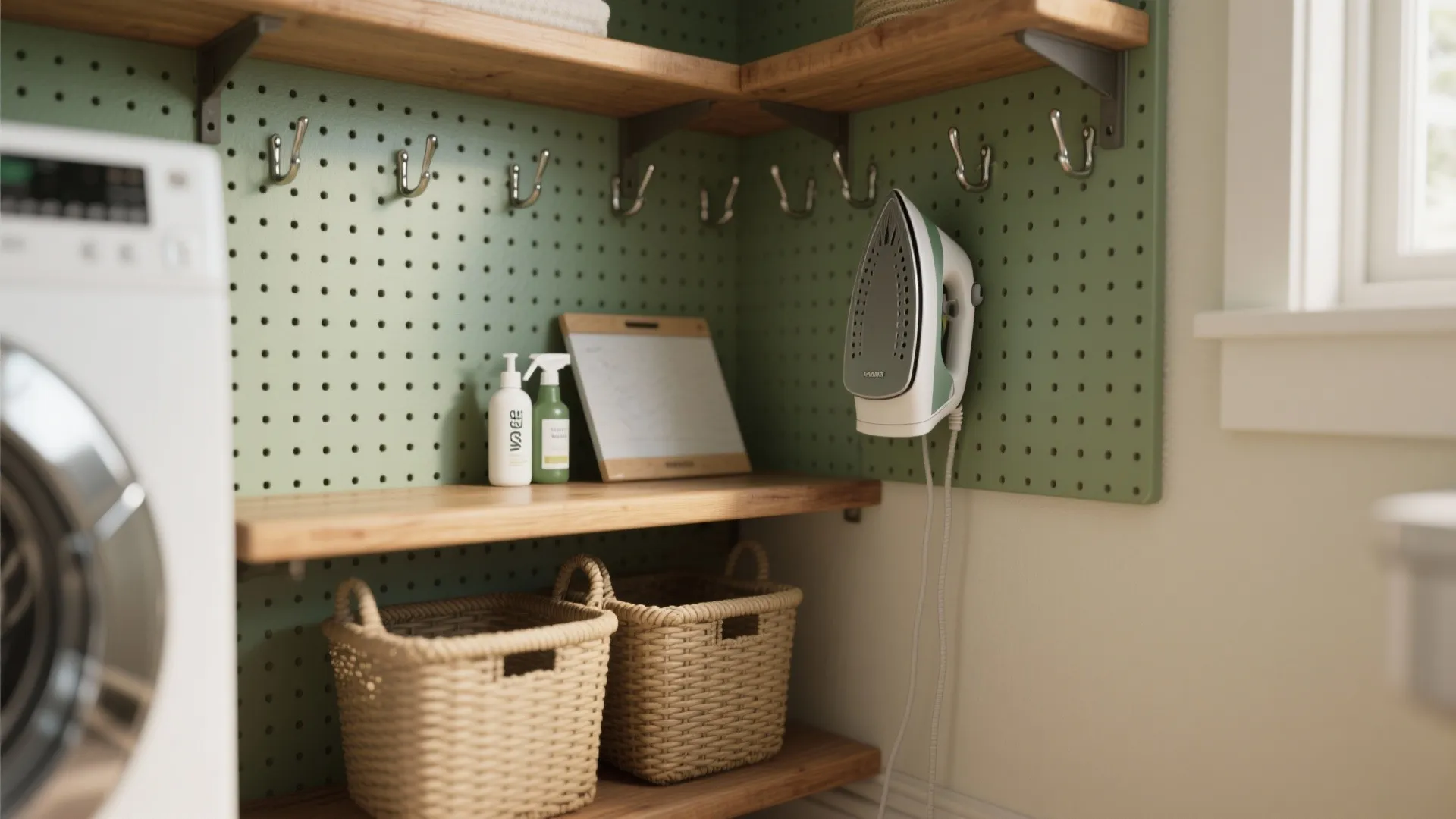 4. Corner shelves and pegboard combos