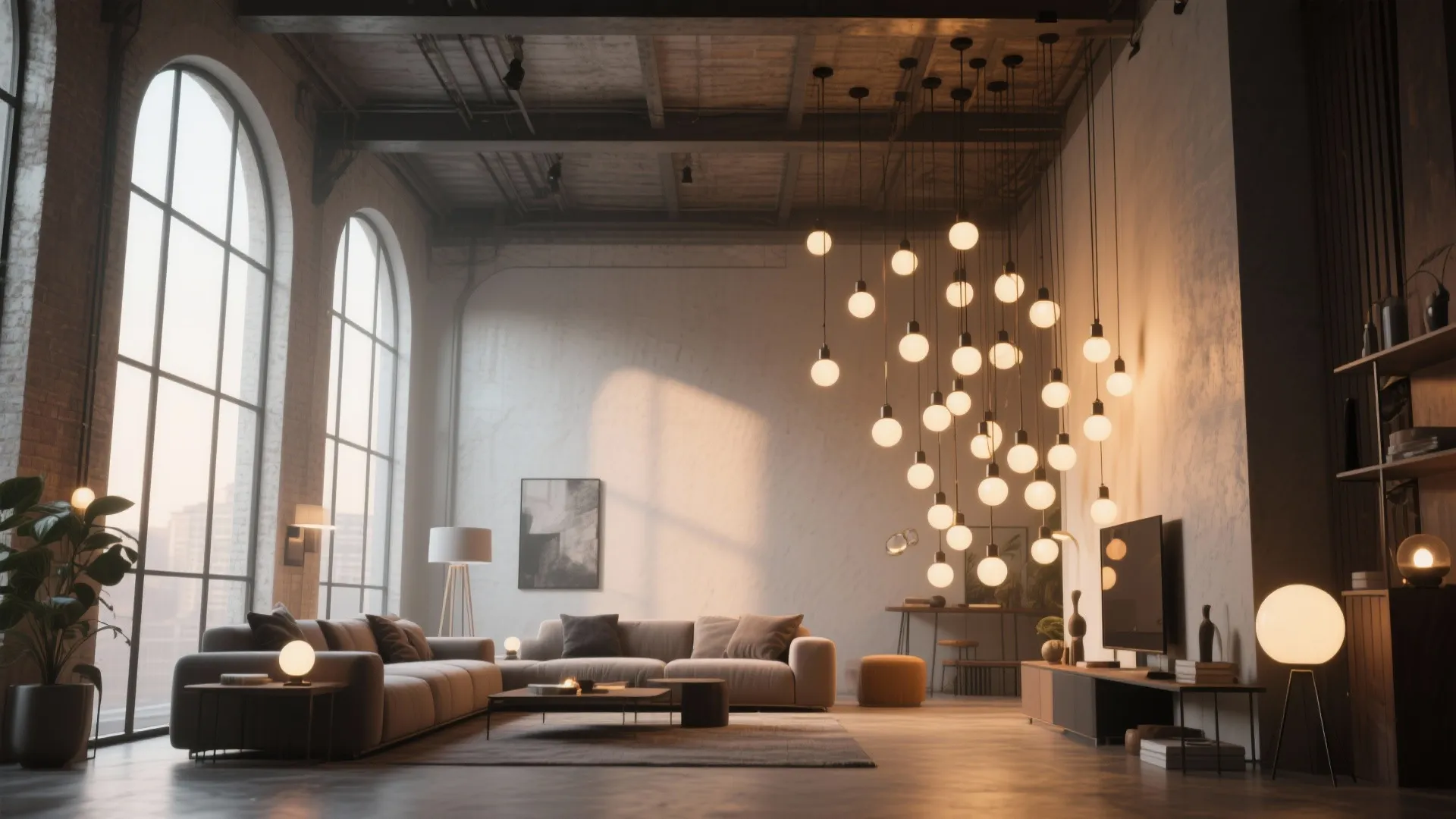 Cluster of pendant lights in a modern loft living room corner