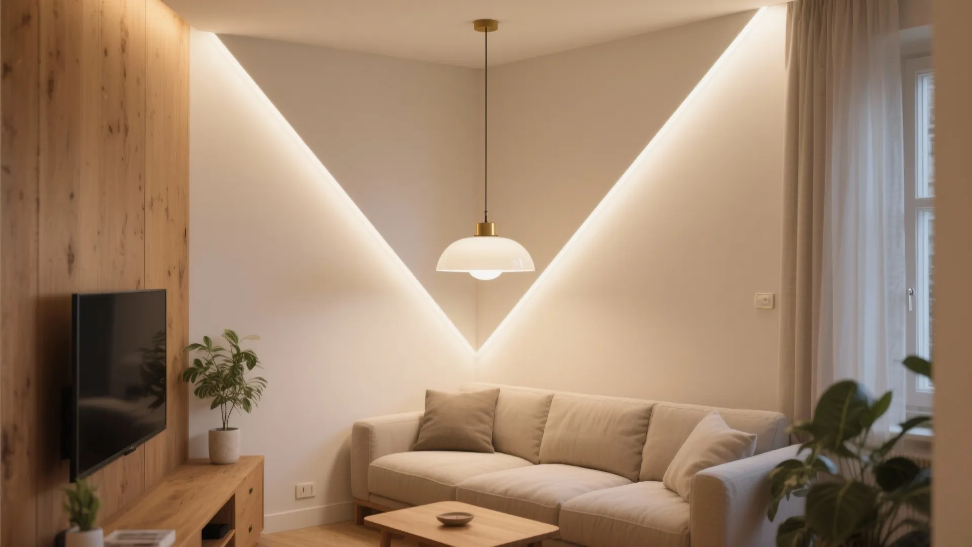 Low-profile corner pendants for soft ambient wash