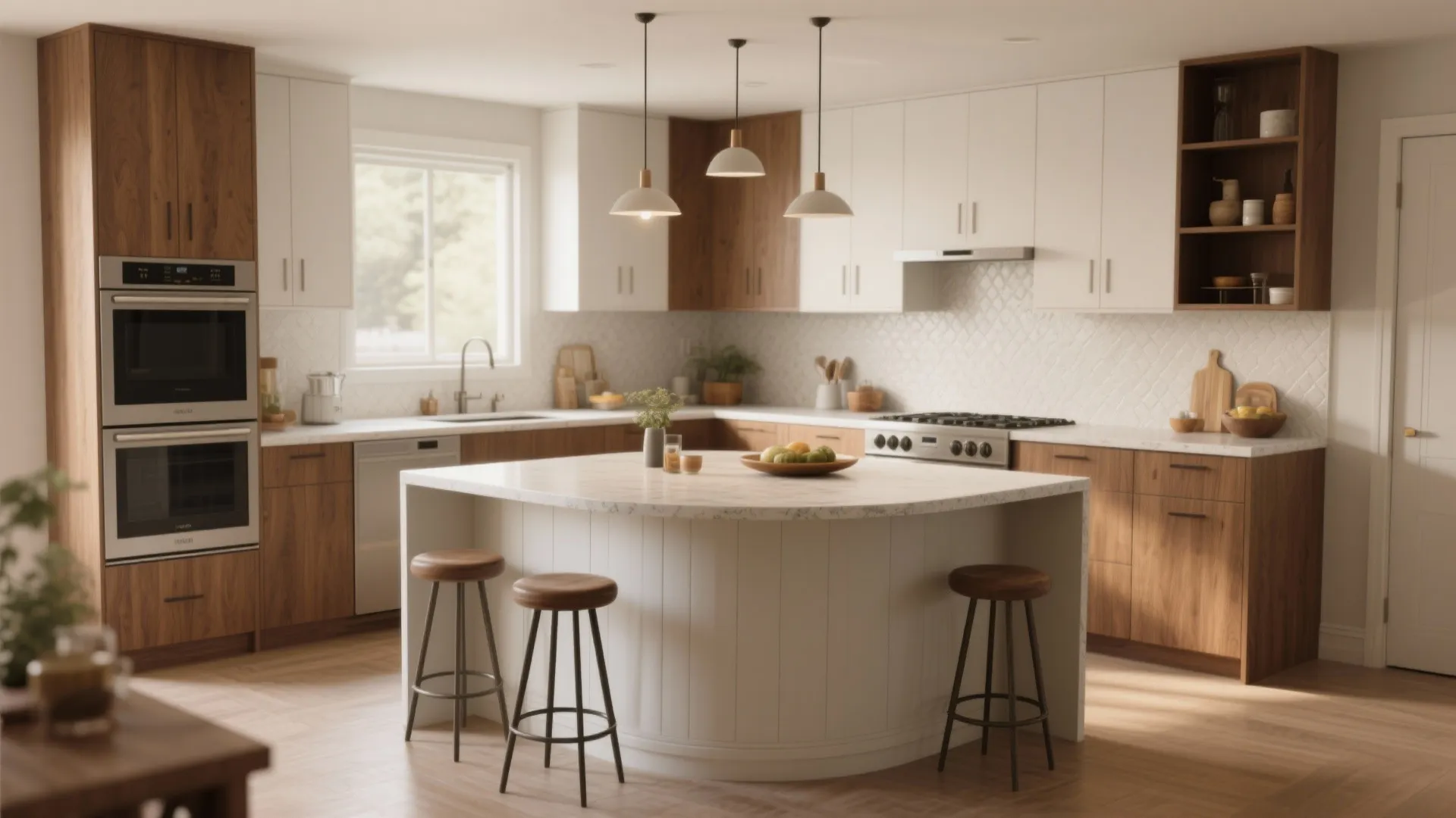 Spacious kitchen with white curved island three wooden stools brown cabinets and three hanging ceiling lights