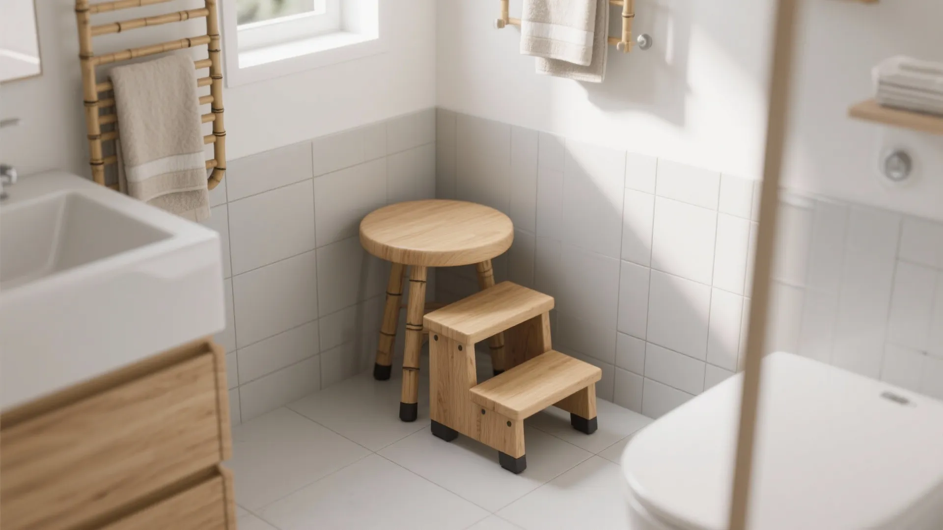 Round oak corner stool or nesting step-stool set tucked neatly to preserve walkway in a small bathroom.