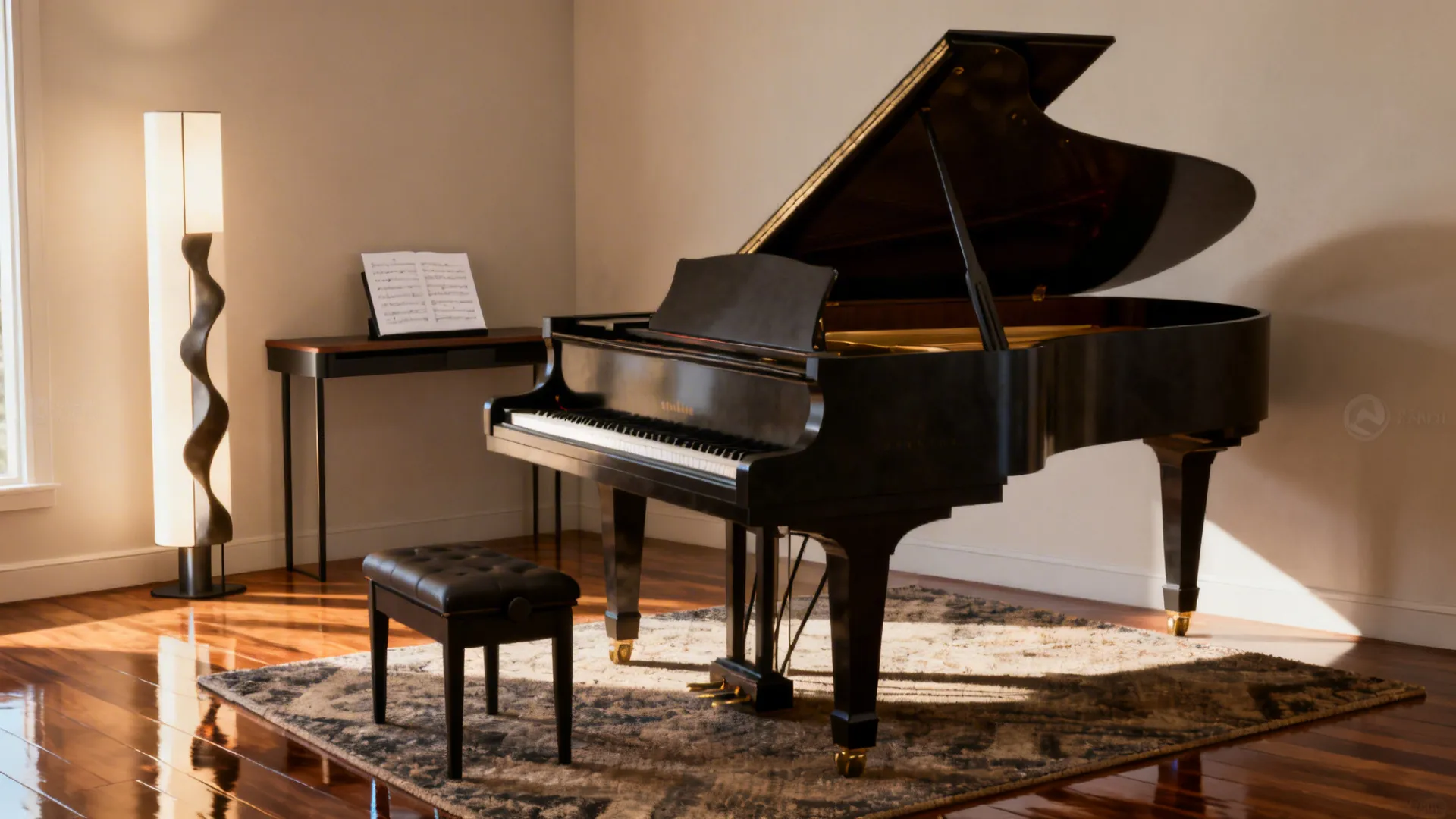 Baby grand piano angled in a living room corner with a slim console and sculptural lamp behind it