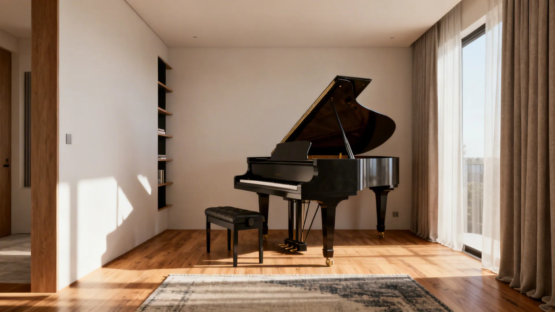 Diagonal baby grand piano in a corner with slim shelving and a clear central path for movement.