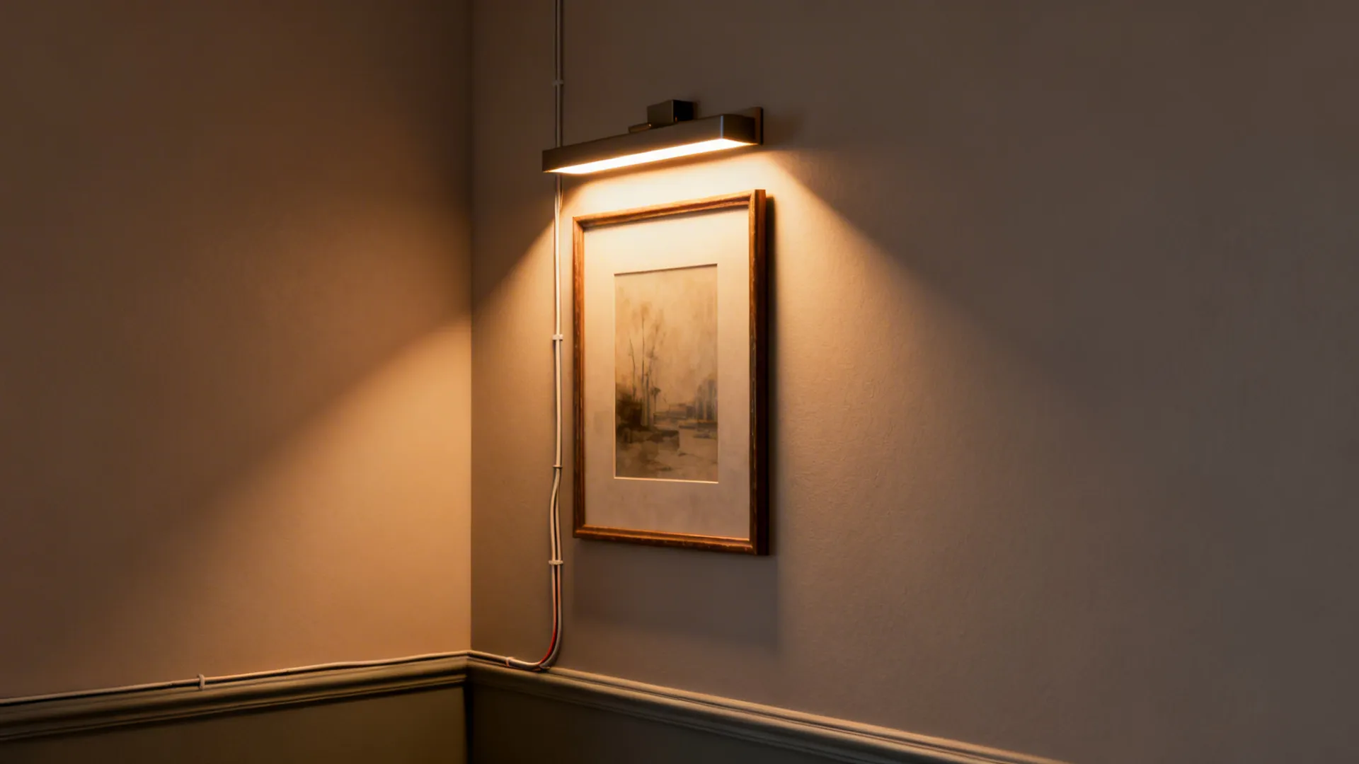 Corner art display lit by corner-mounted picture lights with subtle wall contrast