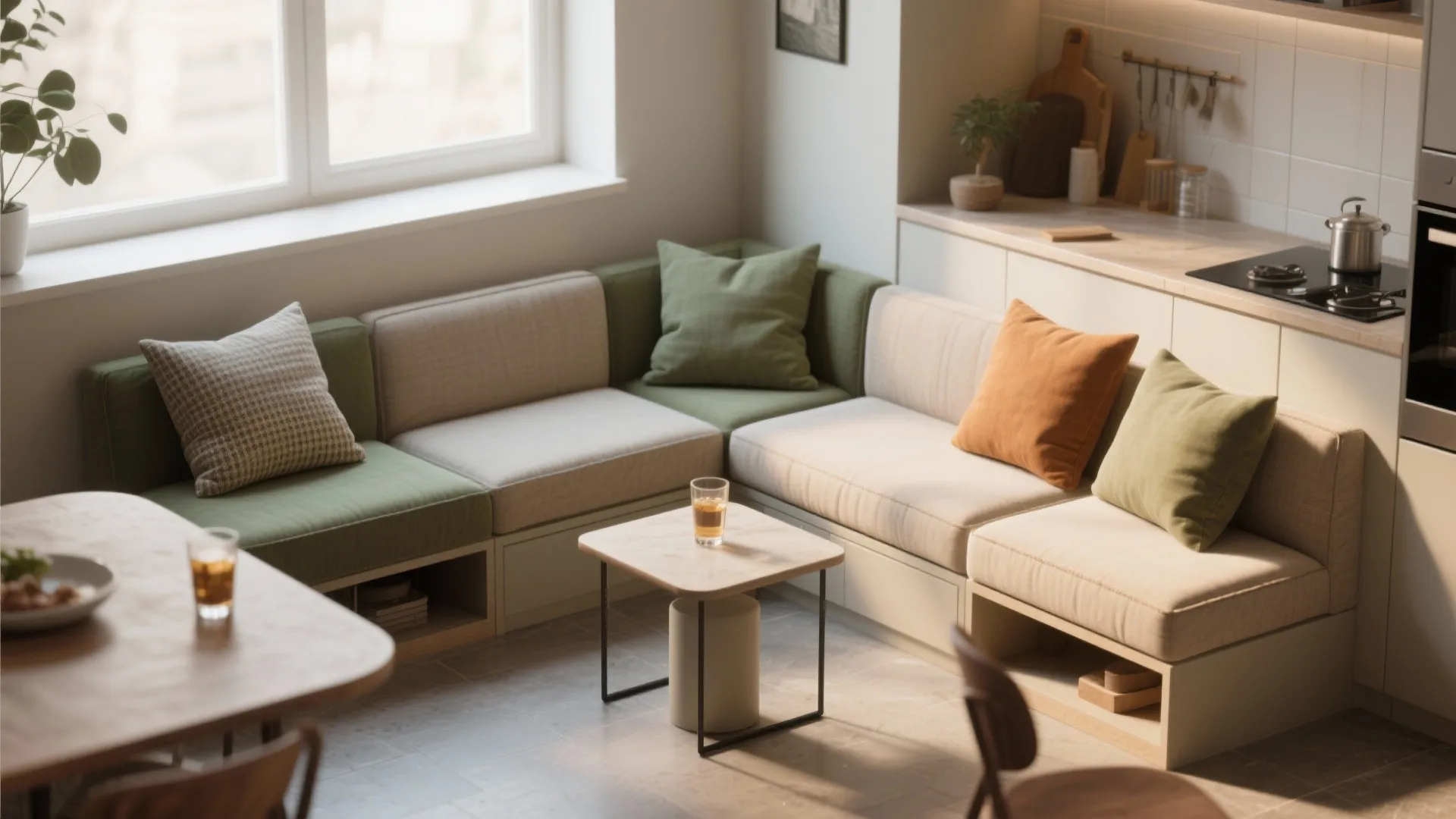 Corner conversation pit with modular seating