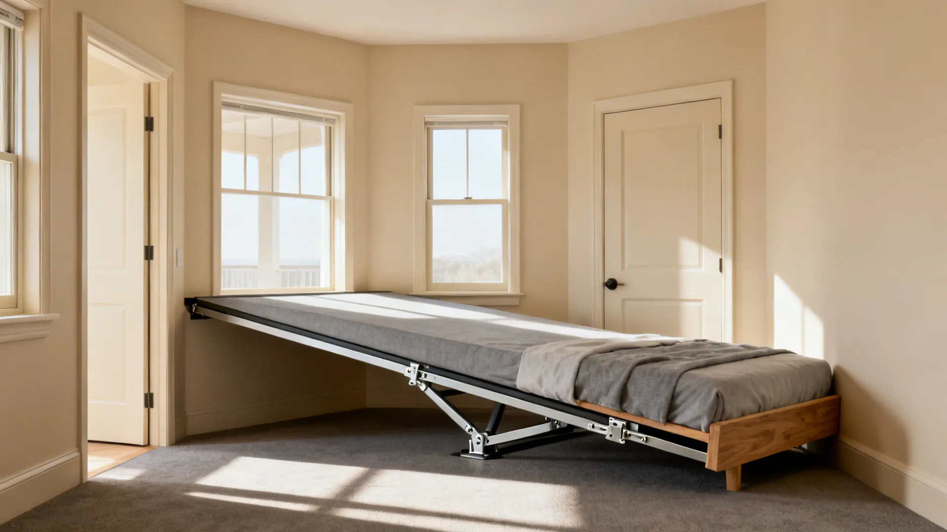 Minimalist beige room with windows showing a bed frame being tilted upwards for floor space