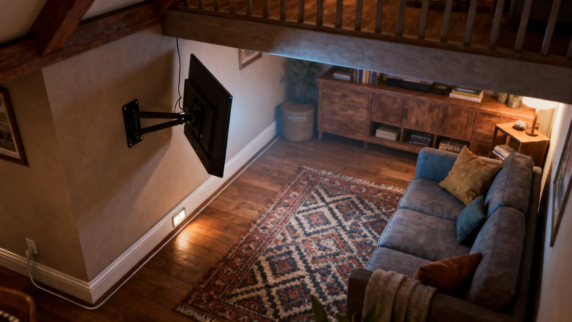 Corner-mounted TV on a pivot arm angled toward seating in a compact loft living room.