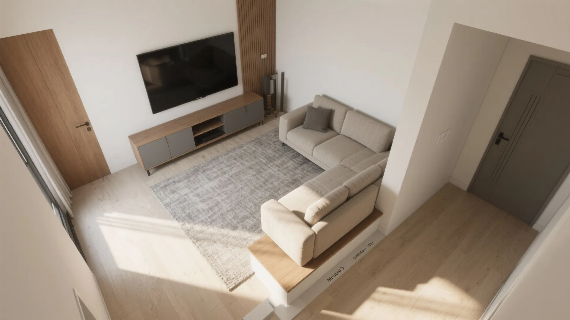 Top-down plan showing a corner TV with L-shaped console and open circulation paths.