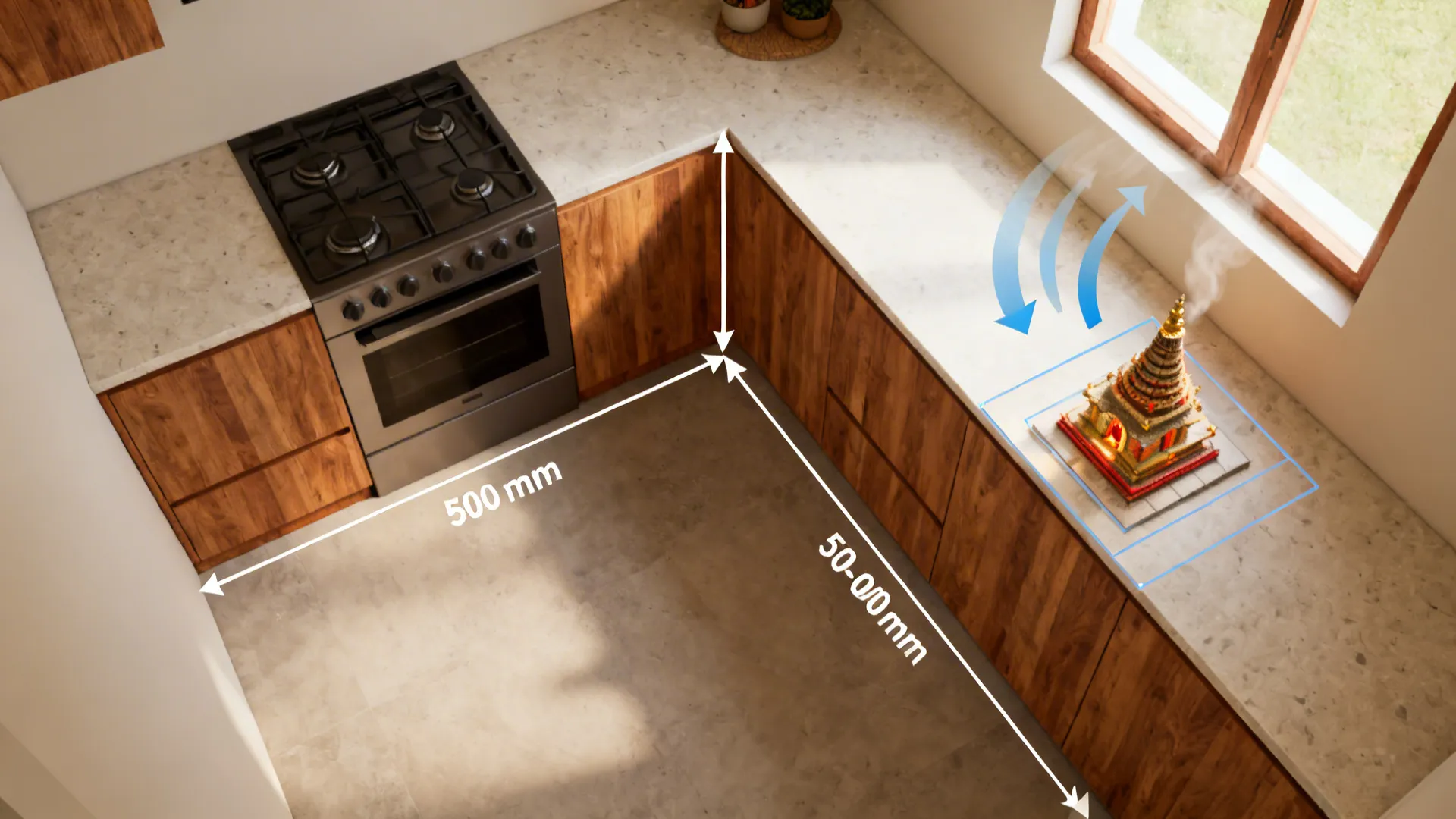 Top view of kitchen layout with wooden cabinets grey counter and white measurement lines on floor