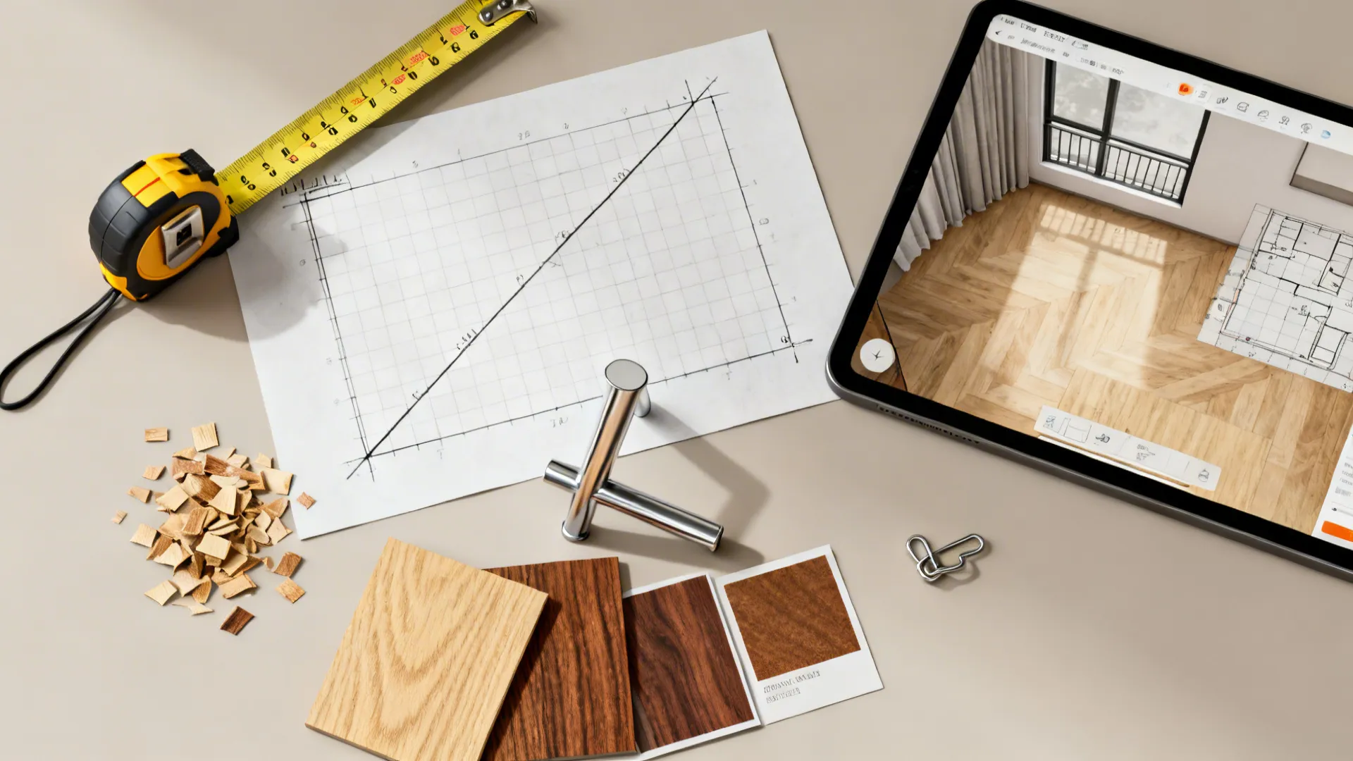 Flatlay of measuring tape, wood samples, metal swatch and a tablet with a 3D floor planner.