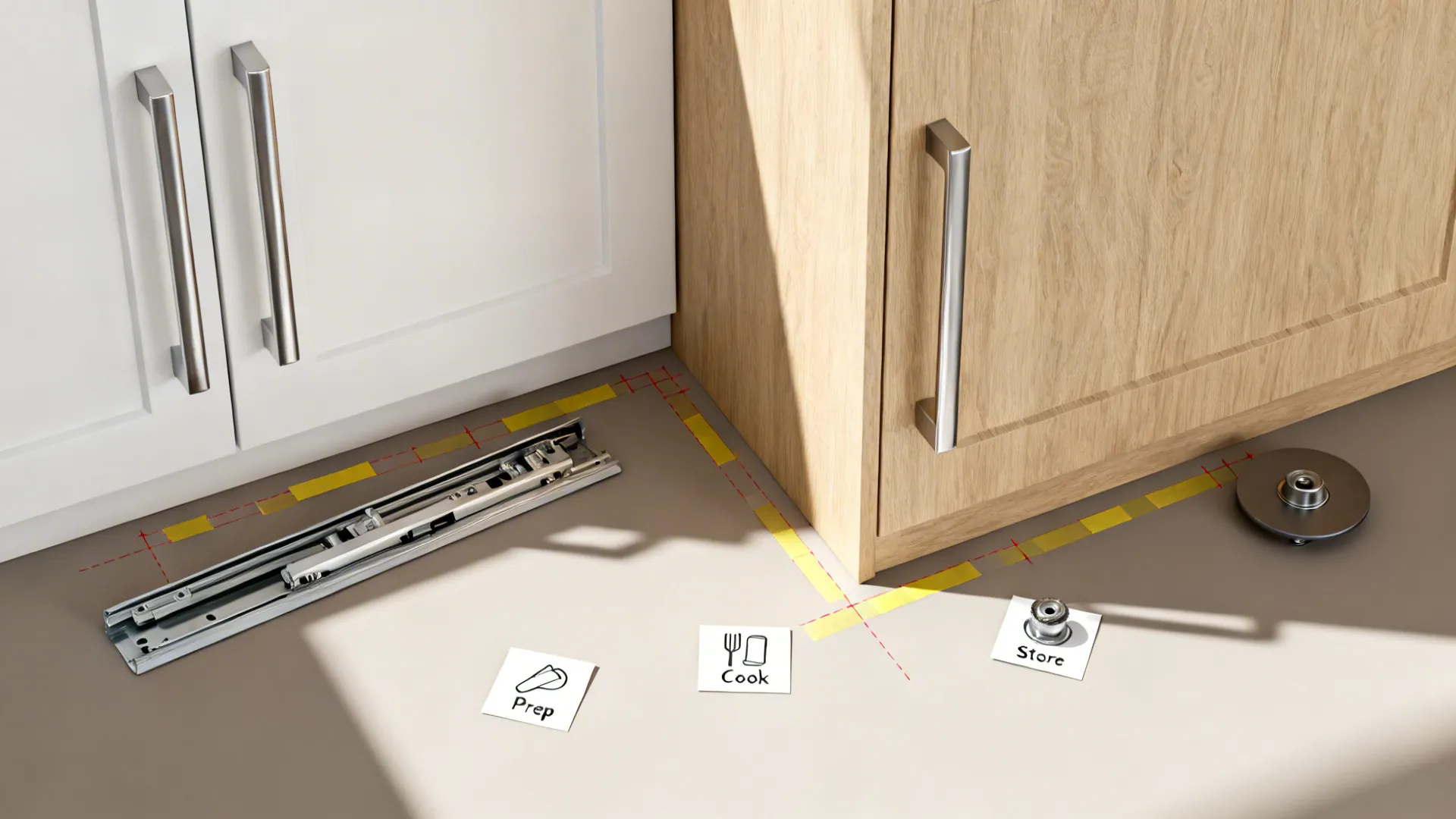Flat lay of cabinet samples, oak veneer, hardware, and slides arranged for planning corner solutions.