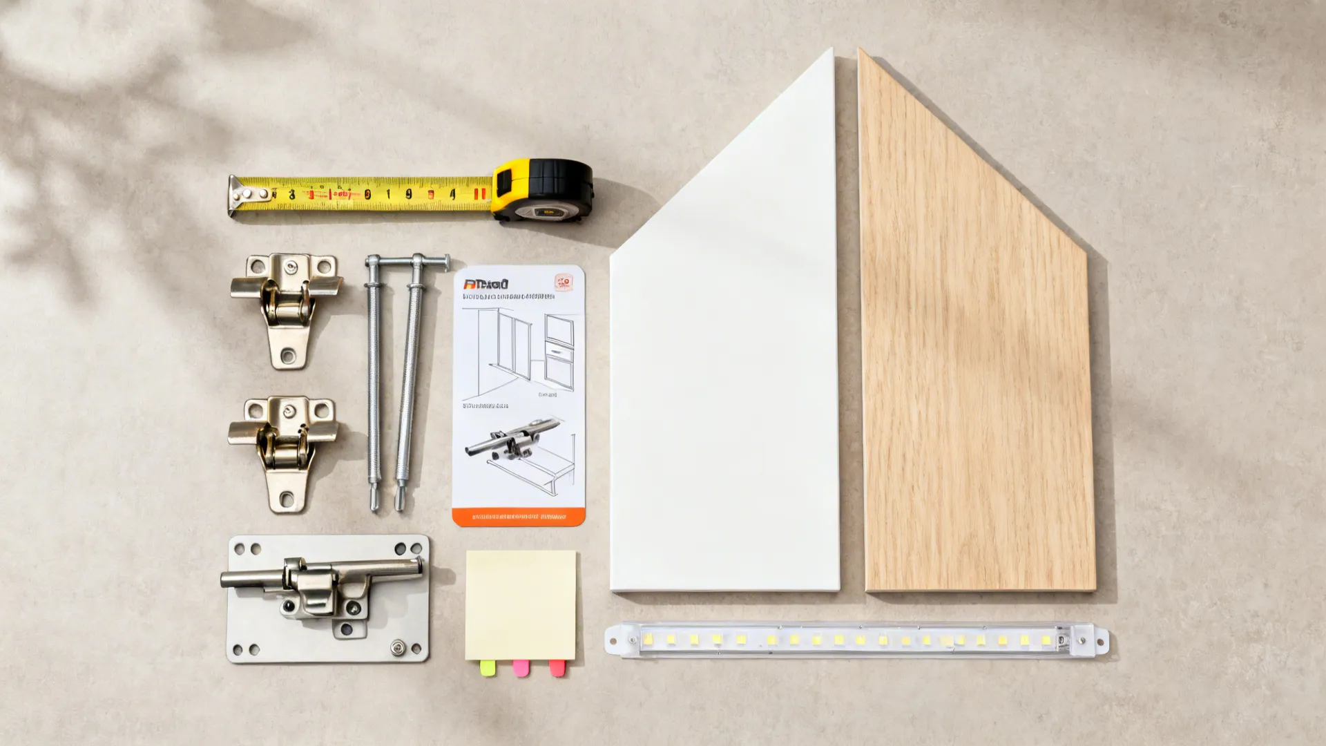 Flatlay of hardware and finish samples for planning upper corner kitchen cabinets.