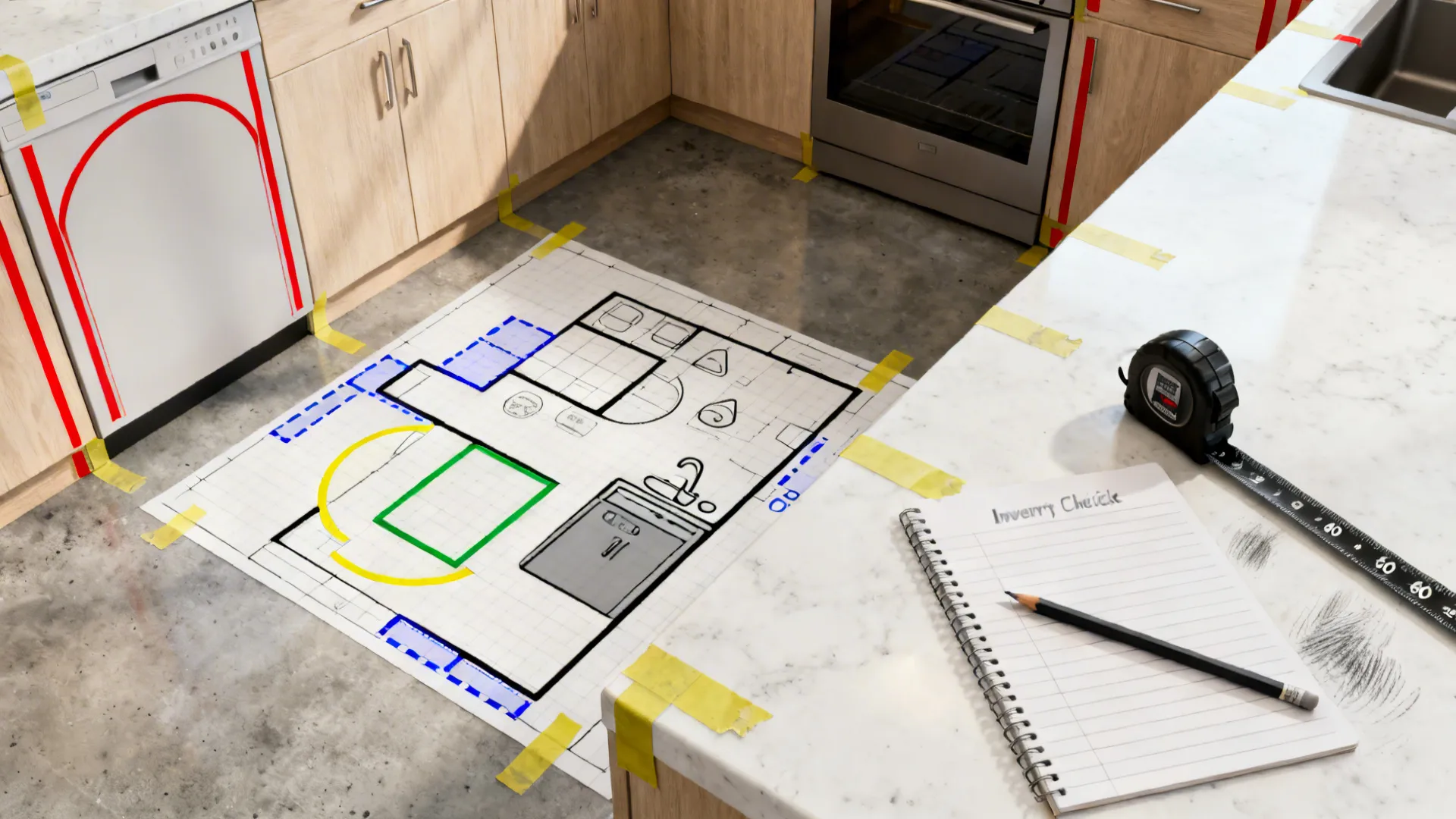 Top-down view of an L-shaped kitchen marked with tape for door swings and pullout clearances.