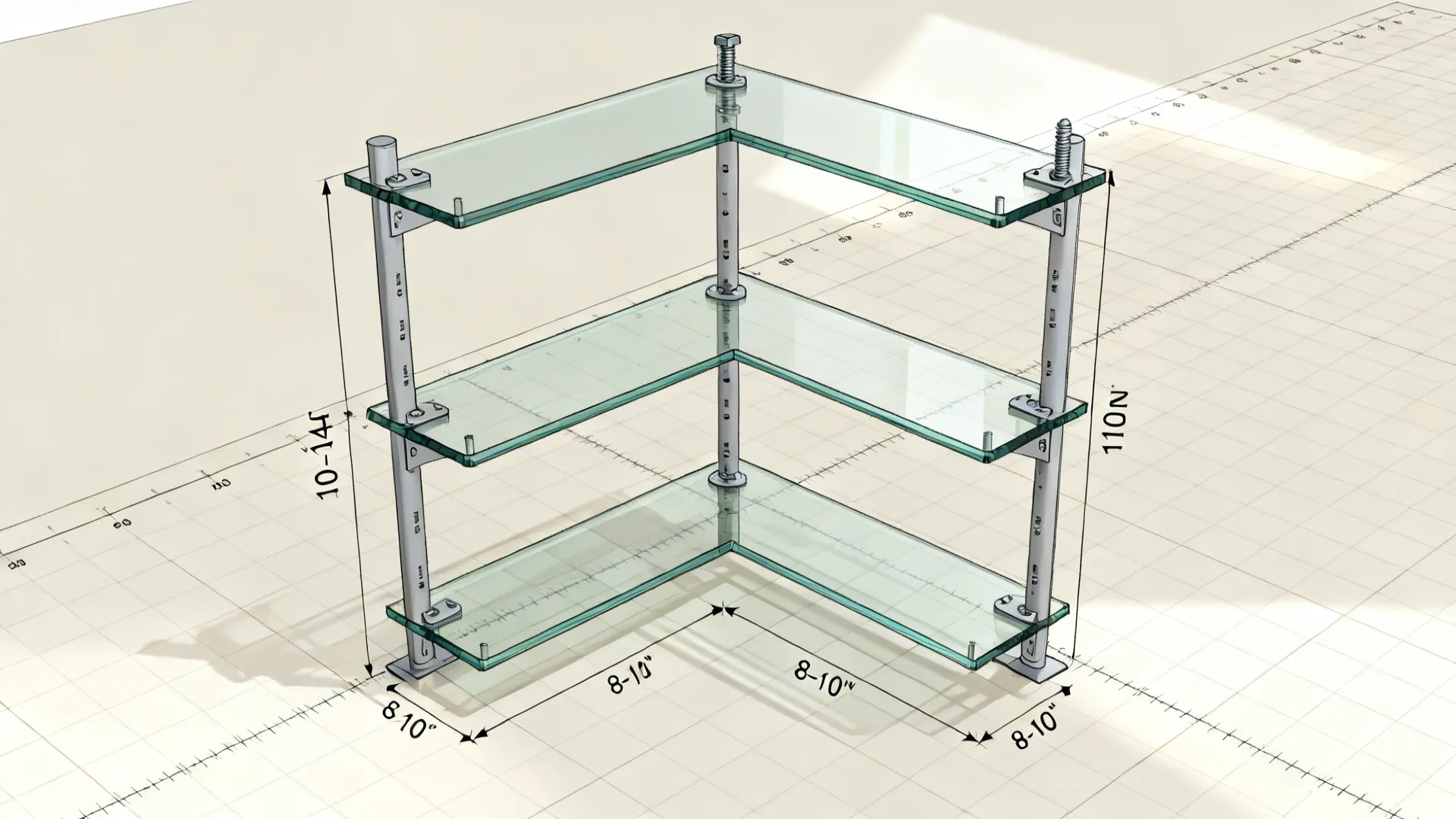 Interior design drawing of three-tier glass corner shelves with specific dimensions and height measurement labels