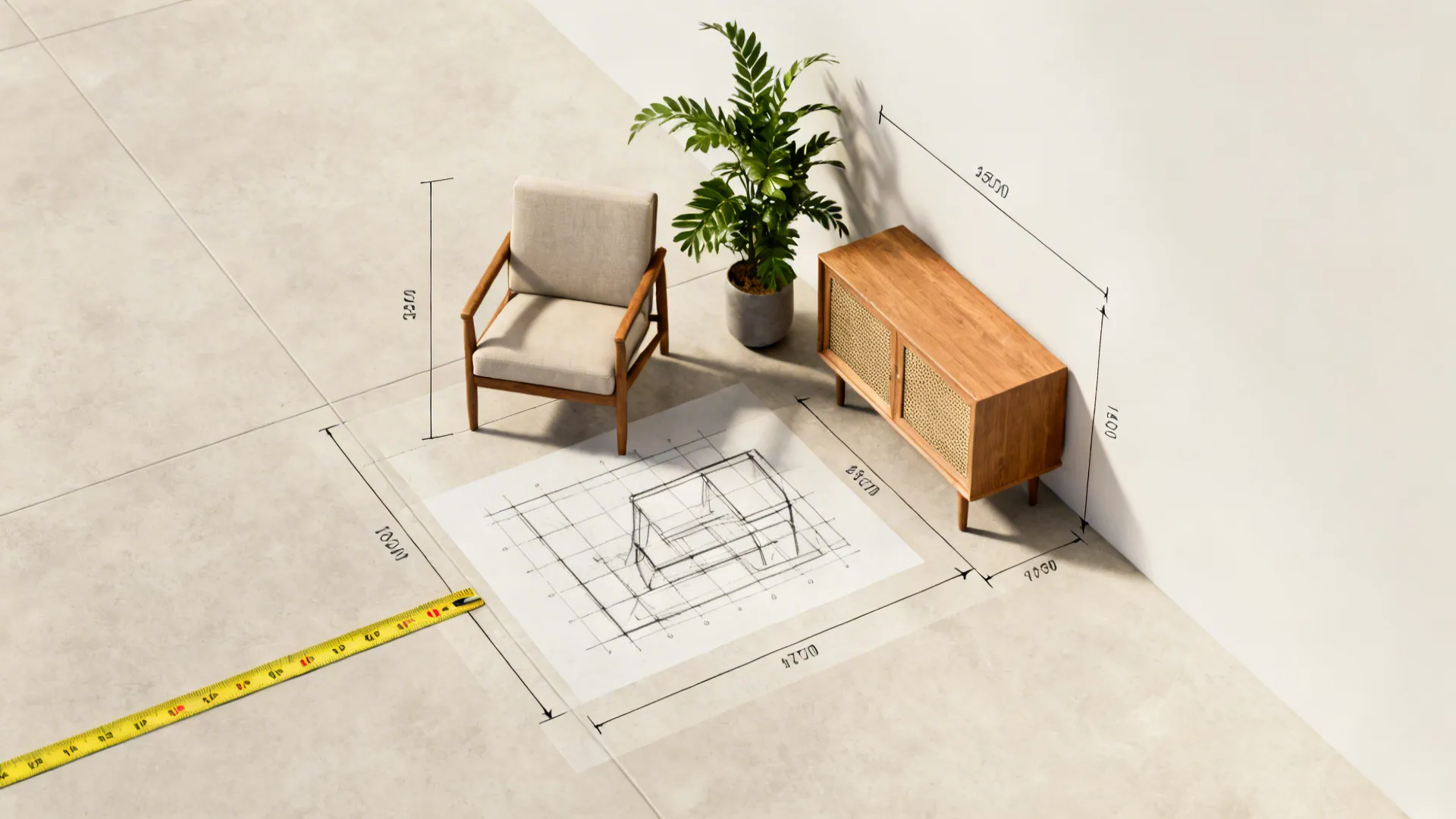 Top down room layout planning featuring wooden cabinet, chair, green plant, floor plan, and measuring
