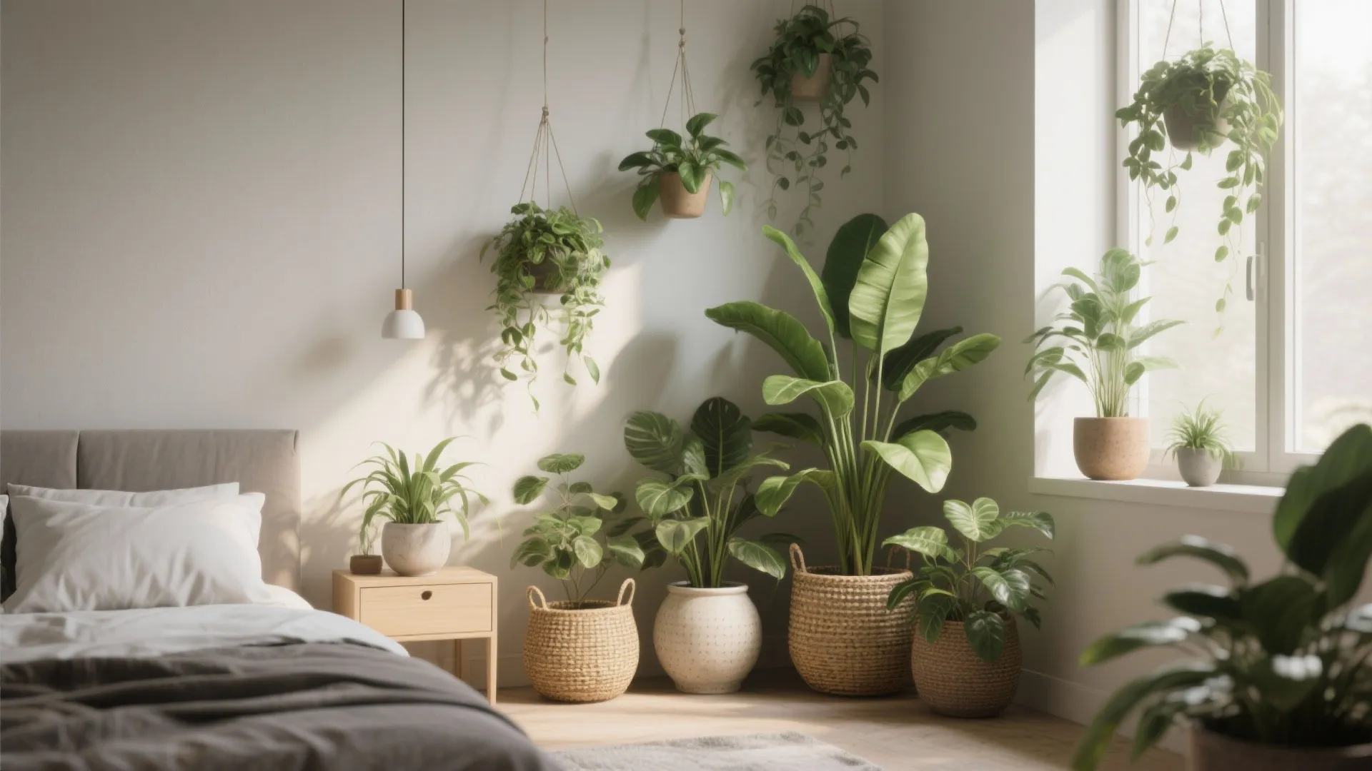 Bright bedroom corner filled with various green indoor plants in woven baskets and ceramic pots
