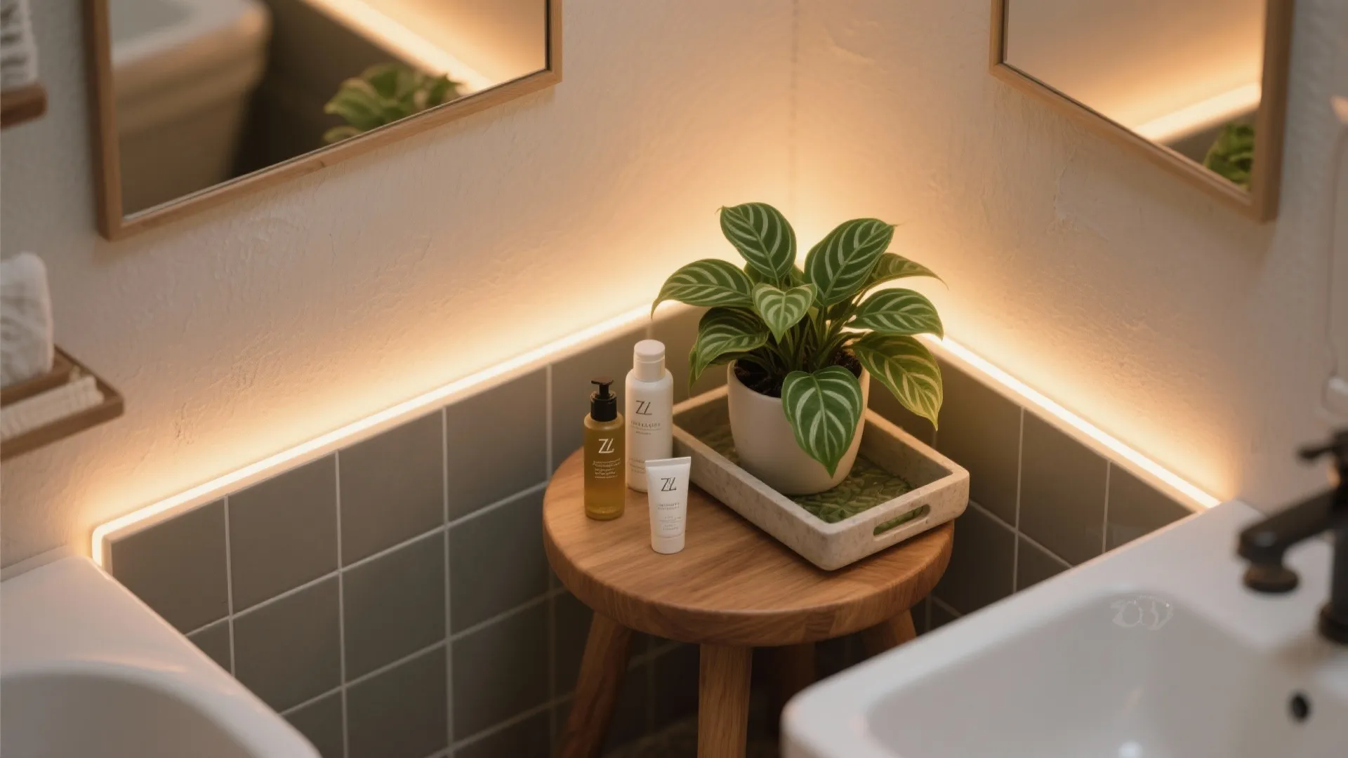 Small wooden stool holding green plant and skincare bottles with warm hidden light in bathroom
