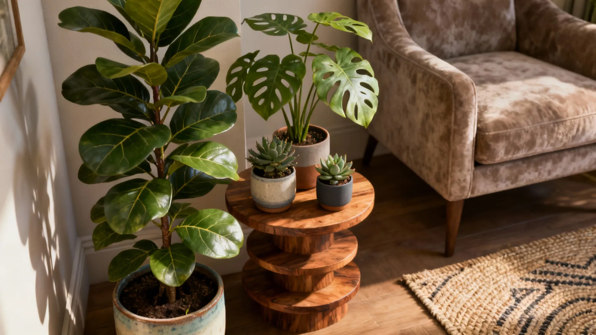 Corner plant nook with a tall fiddle leaf fig, monstera, and succulents arranged by height.