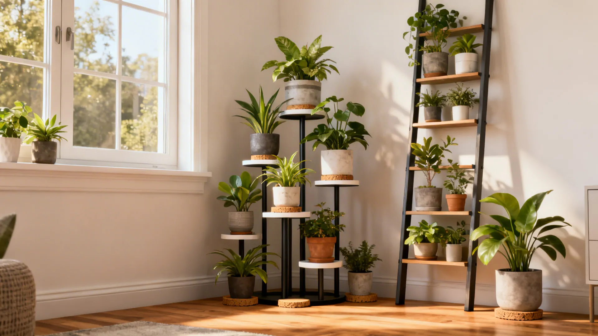 Corner of a small living room with a layered plant tower on tiered stands and a ladder shelf, cork pads visible.