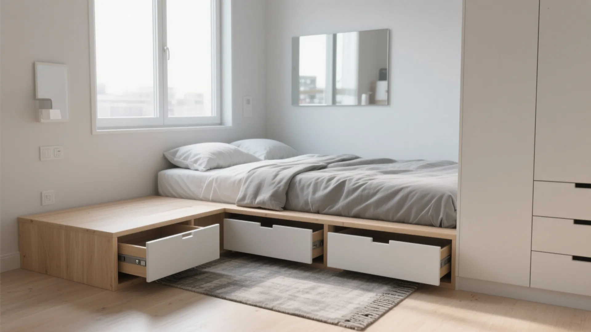Minimalist platform bed with white storage drawers pulled out on wooden floor near a bright window