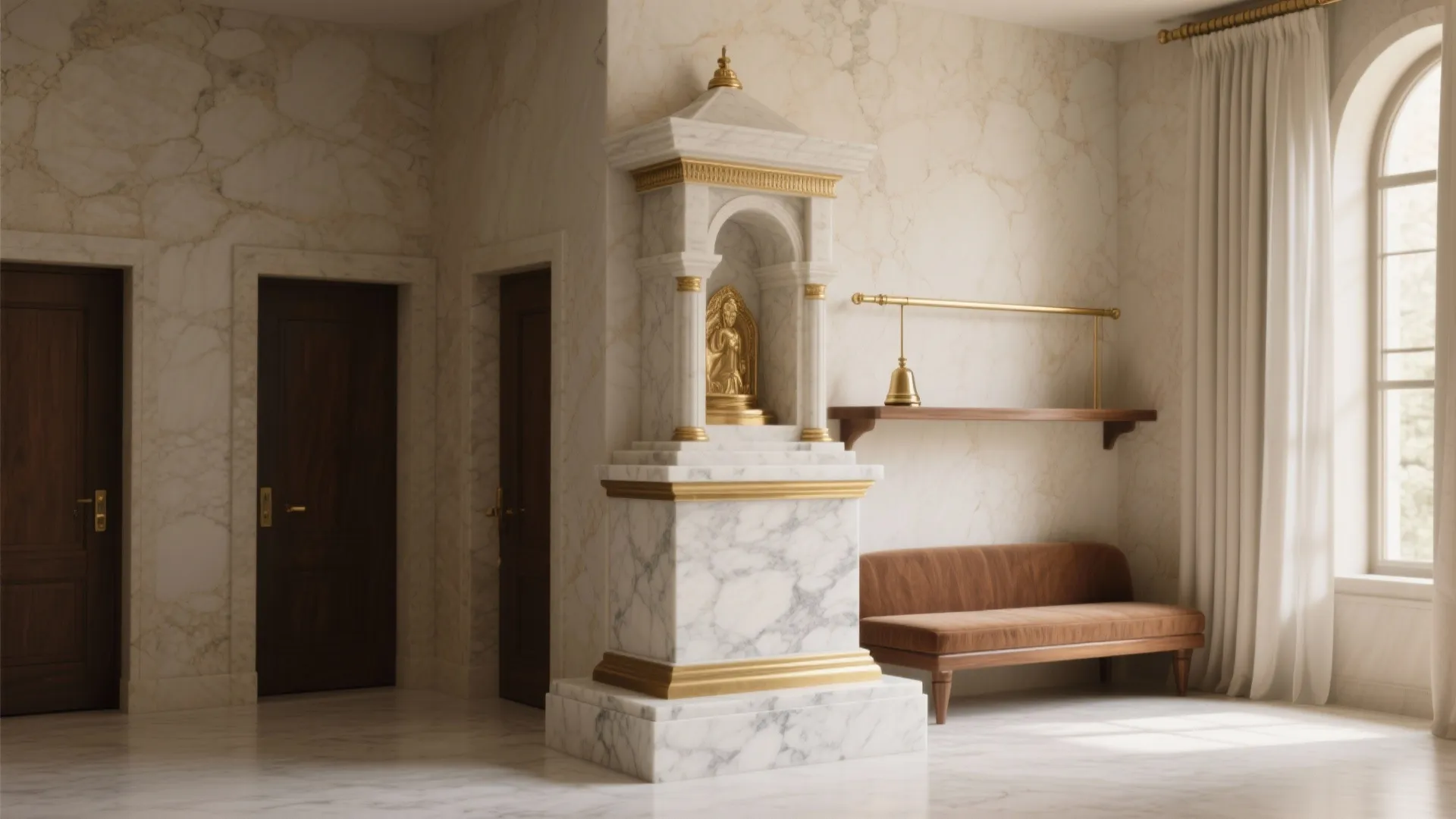 3) Corner Temple on a Marble Plinth with Brass Accents