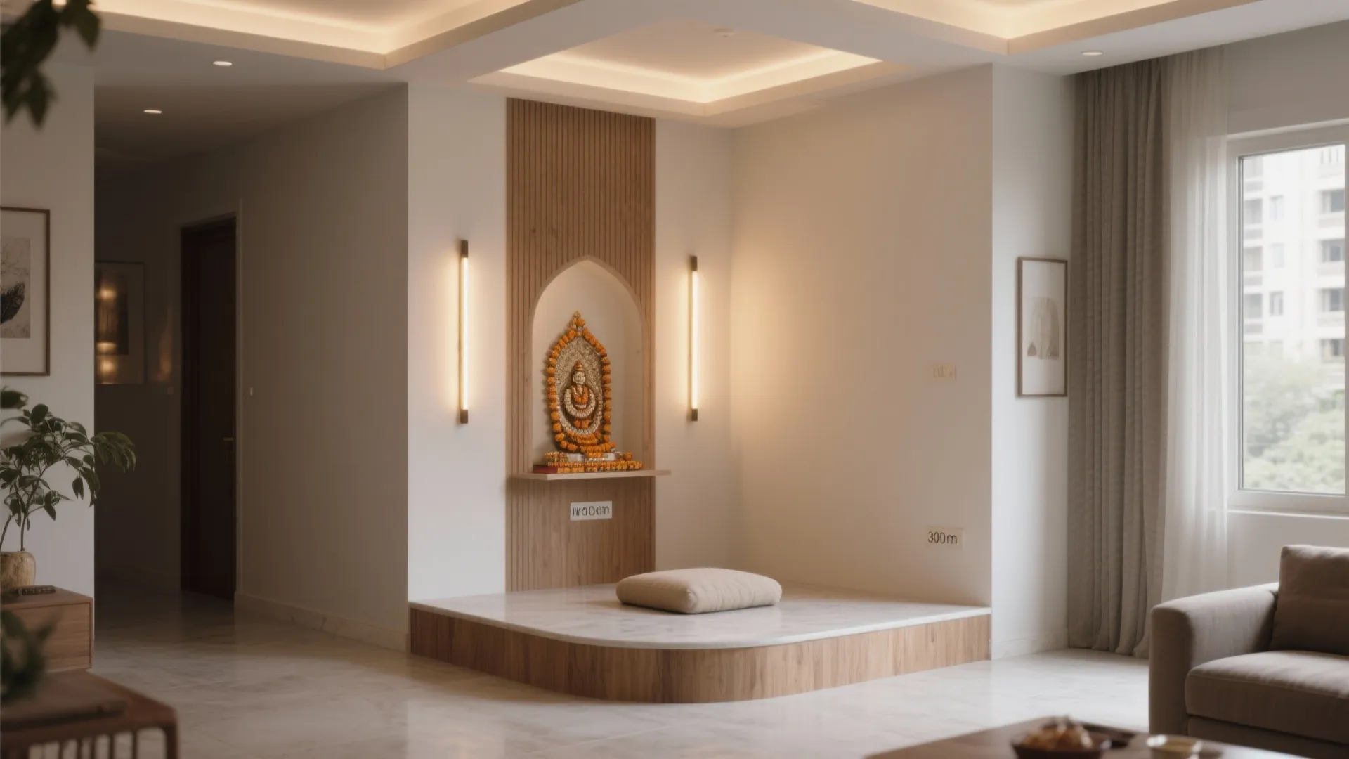 Interior design drawing of prayer room with wood wall panels wall lights and a cushion