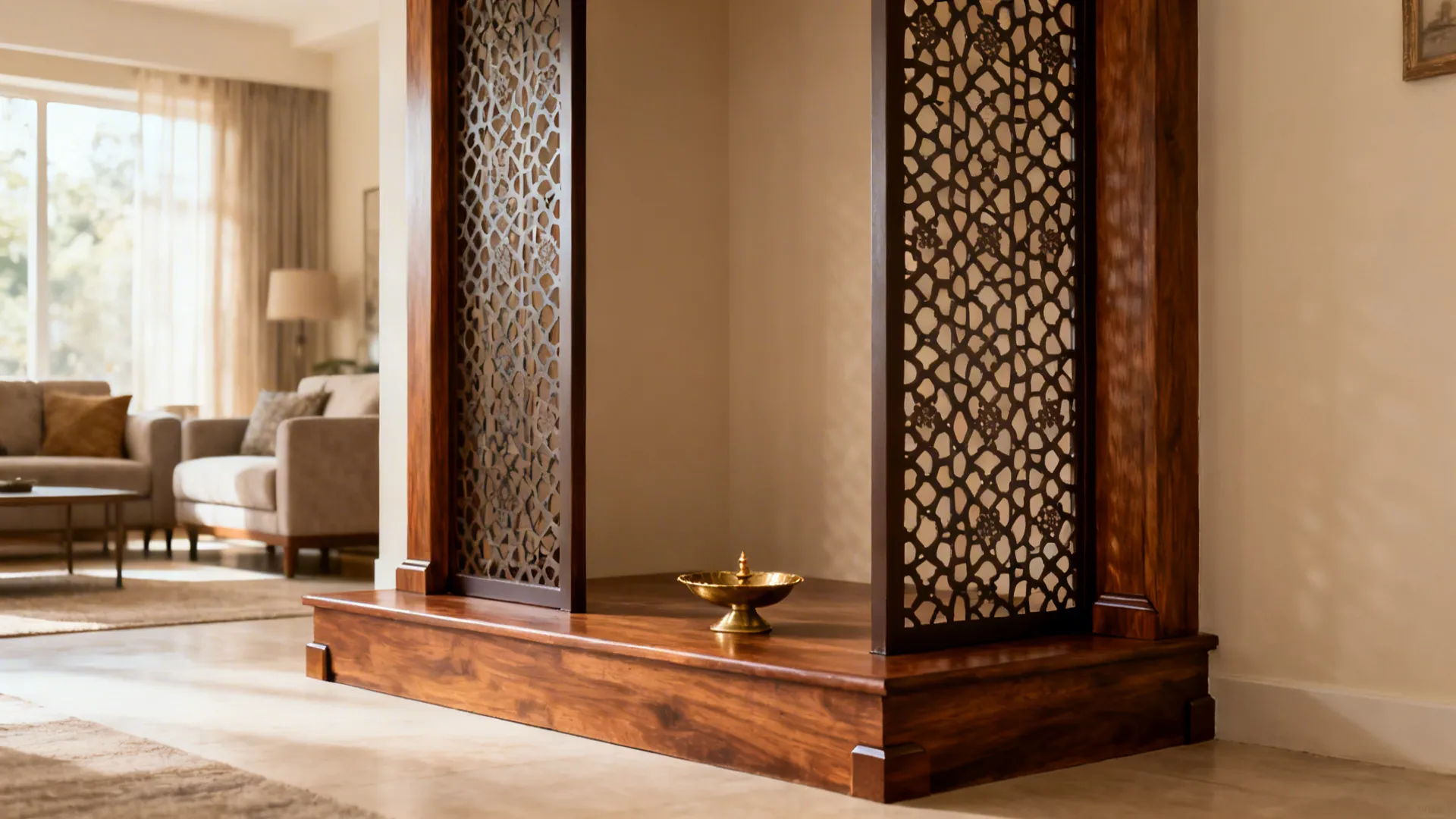 Corner pooja plinth with vertical jaalis creating a serene, defined zone in a modern living room.