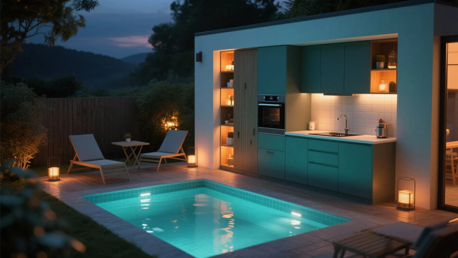 5. Compact corner kitchen with plunge pool and ambient lighting