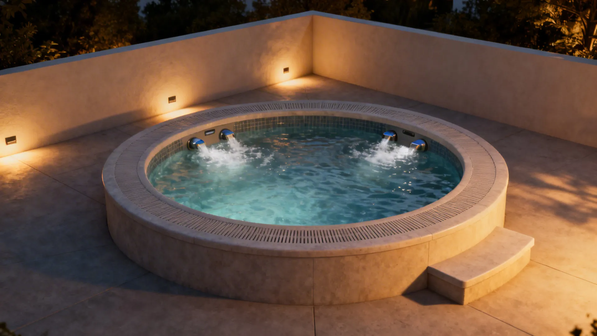 Corner plunge pool with built-in spa jets and a small step ledge for easy access.