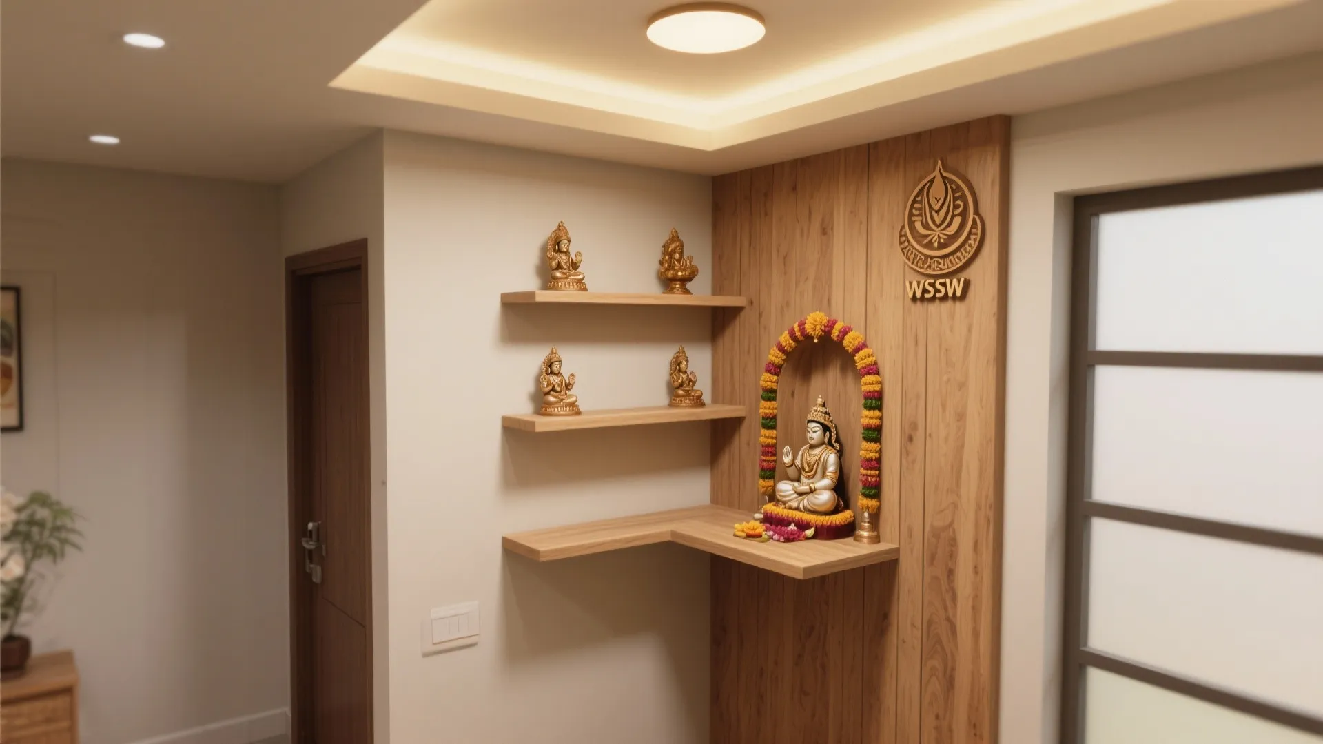 Corner wooden shelf design with small gold statues and flower arch in a white room