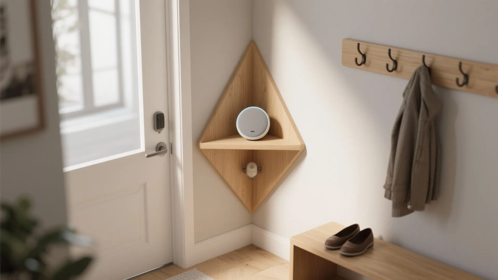 Triangular corner pocket shelf with a compact smart speaker in a small entry nook.