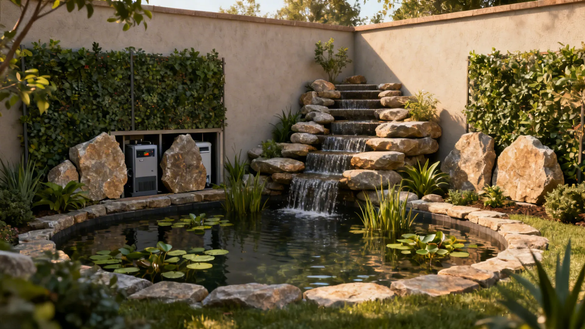 Small corner pond with a stepped rock spillway and privacy planting hiding equipment.