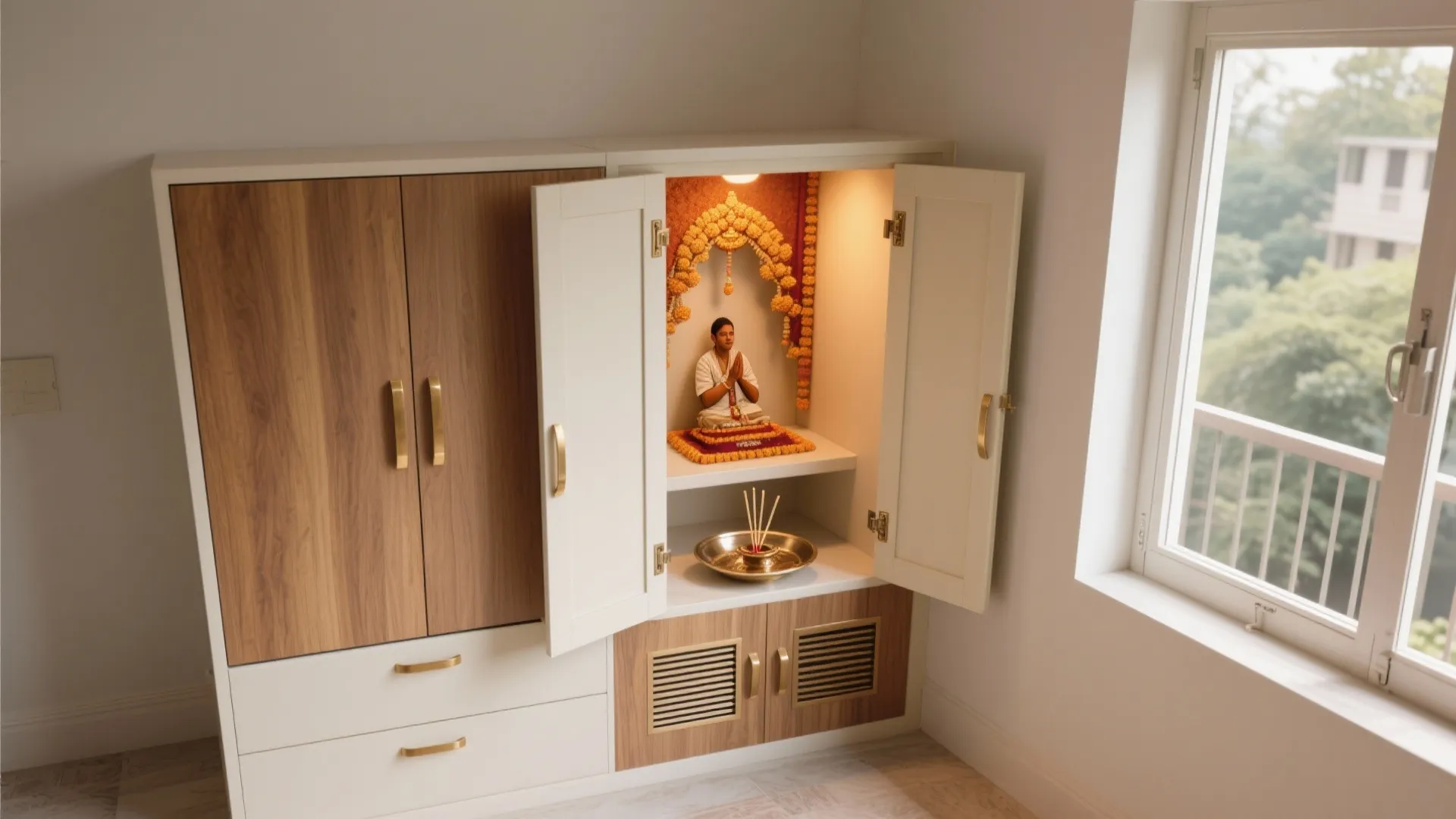 Corner pooja unit with folding doors