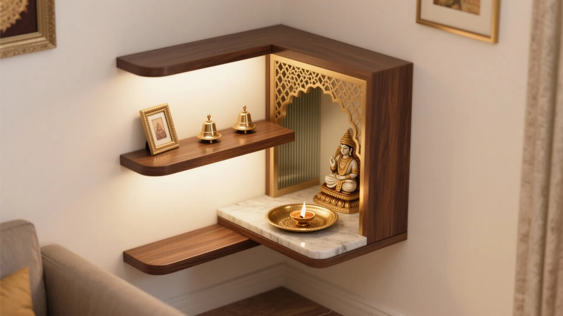 Small wooden corner wall shelf with buddha statue gold bells and candle for prayer room