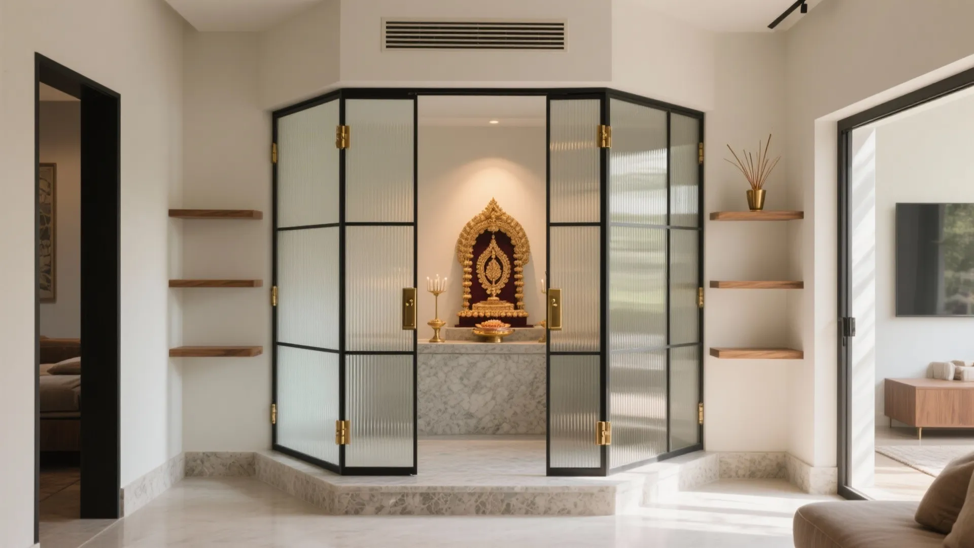 Corner Pooja Room With Glass Folding Doors
