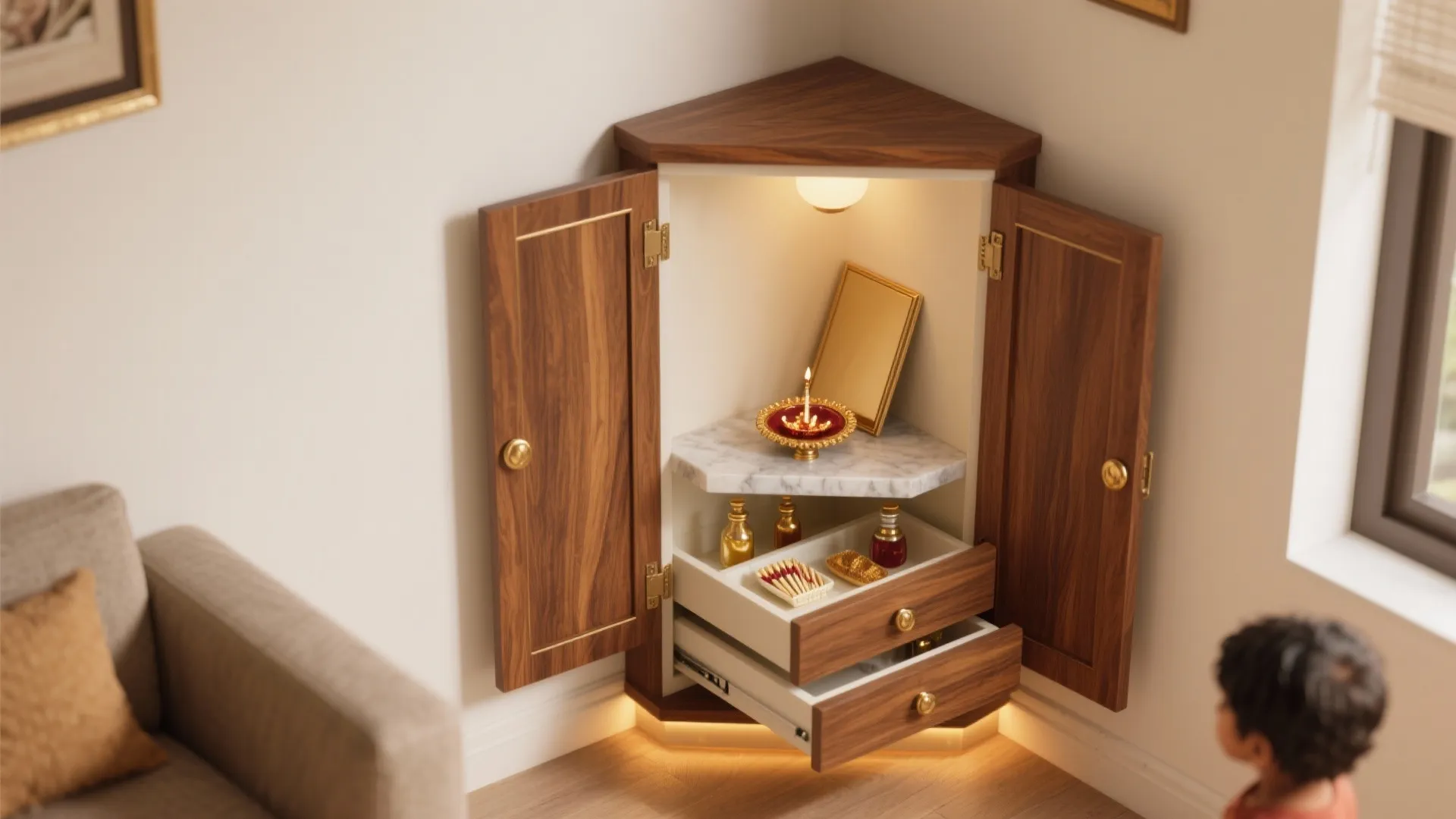 Compact Corner Pooja Cabinet