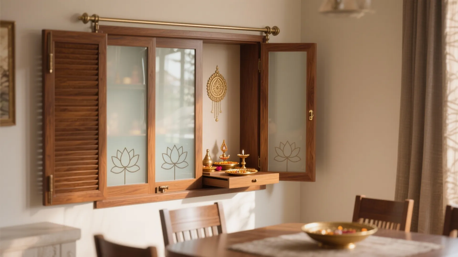 Wall mounted wooden prayer cabinet with glass doors lotus patterns and dining table in foreground
