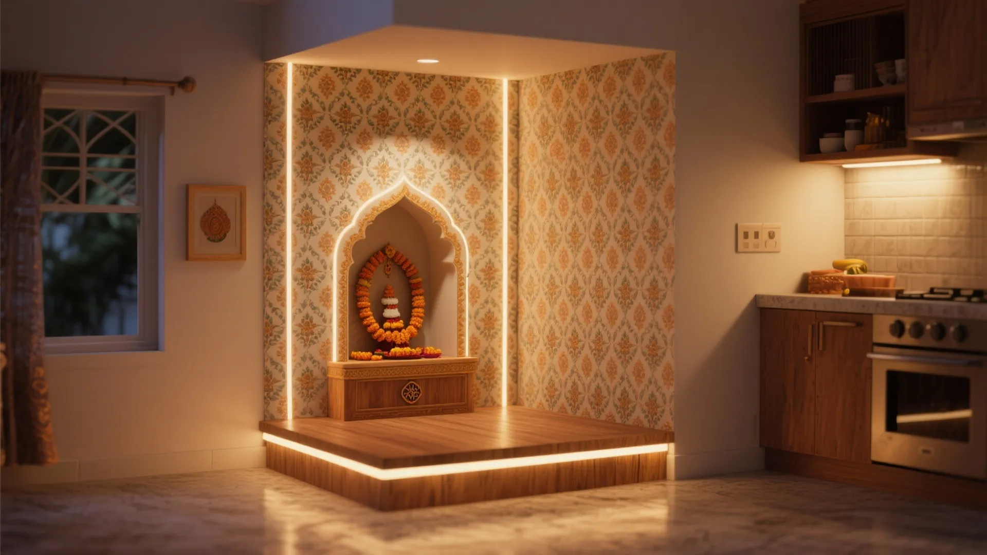 Modern kitchen corner with a wooden platform and warm lights showing a small prayer space