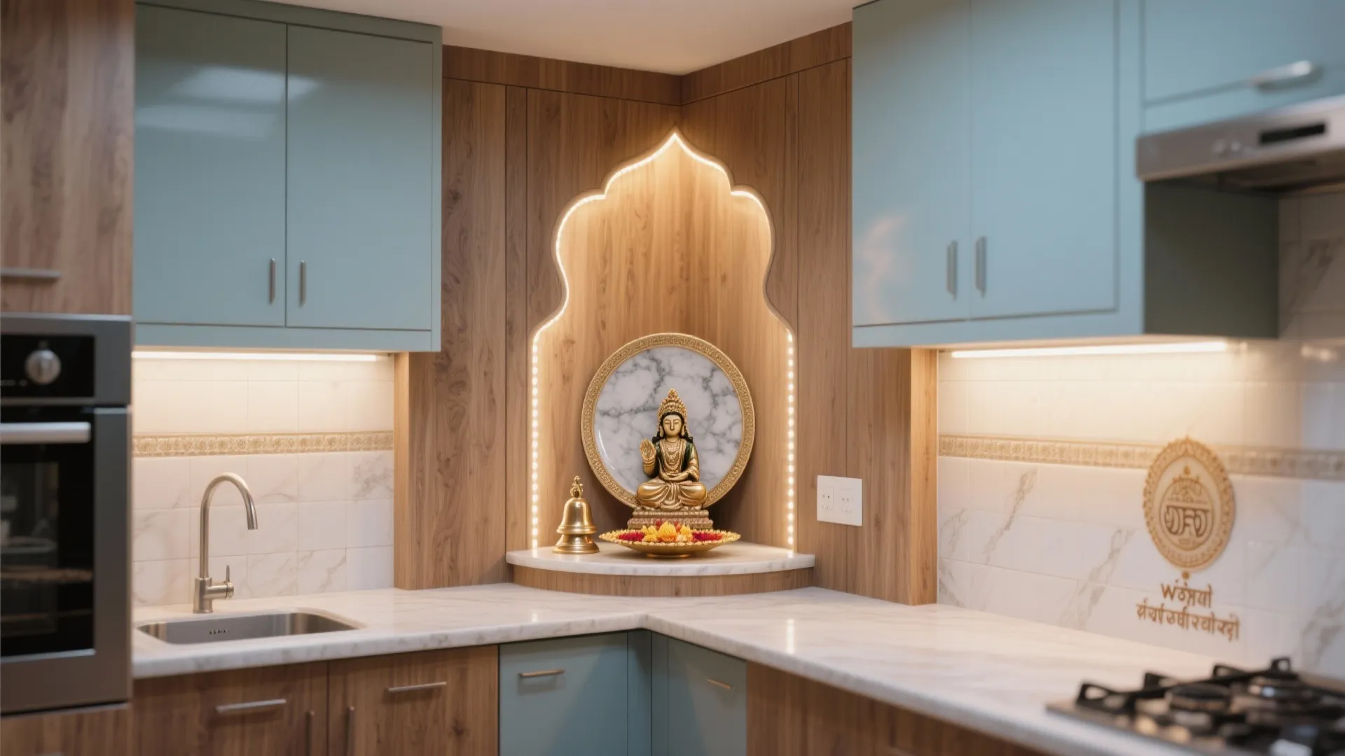 Triangular corner pooja alcove in warm ash wood with 2700K LEDs and a marble aarti plate.