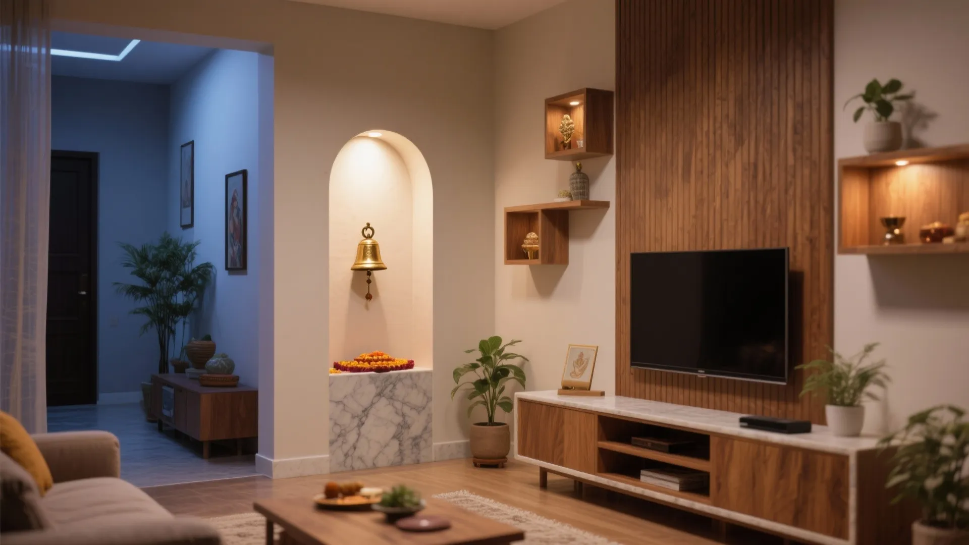 Corner pooja alcove with asymmetric TV composition