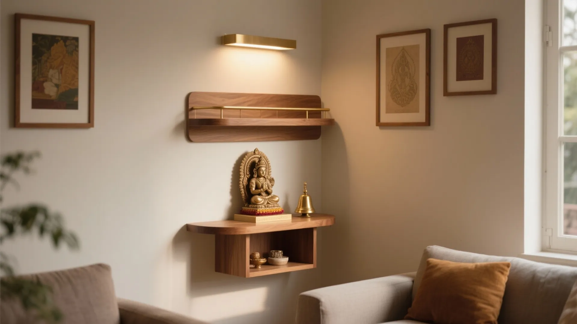 2) Floating corner pooja shelf with bell rail