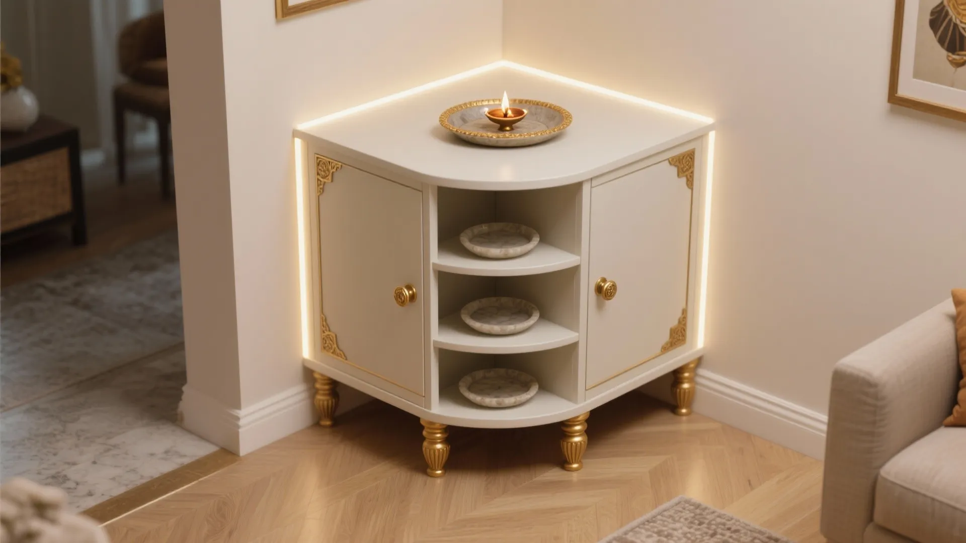 Corner Pooja Cupboard With Turned Plinth and Brass Accents