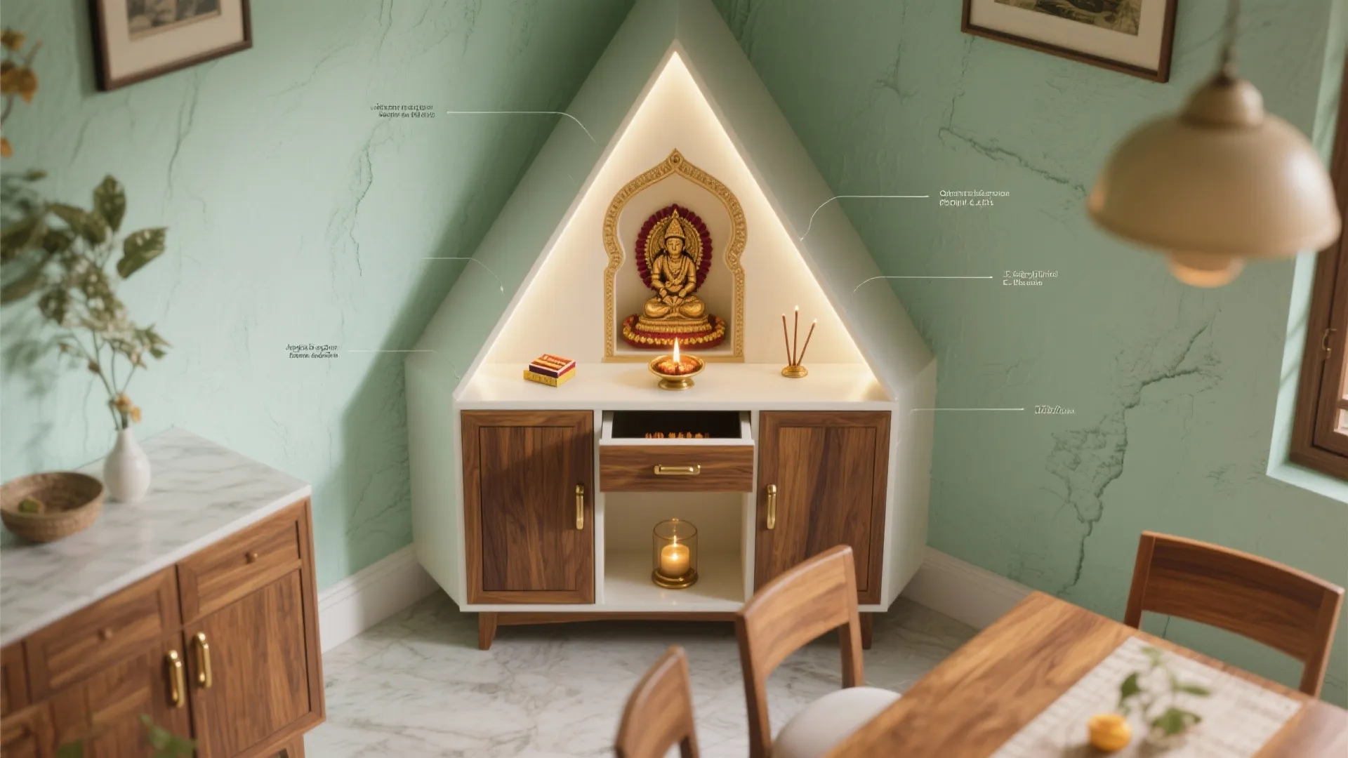 Corner Pooja Cabinet in Kerala Style with Hidden Storage