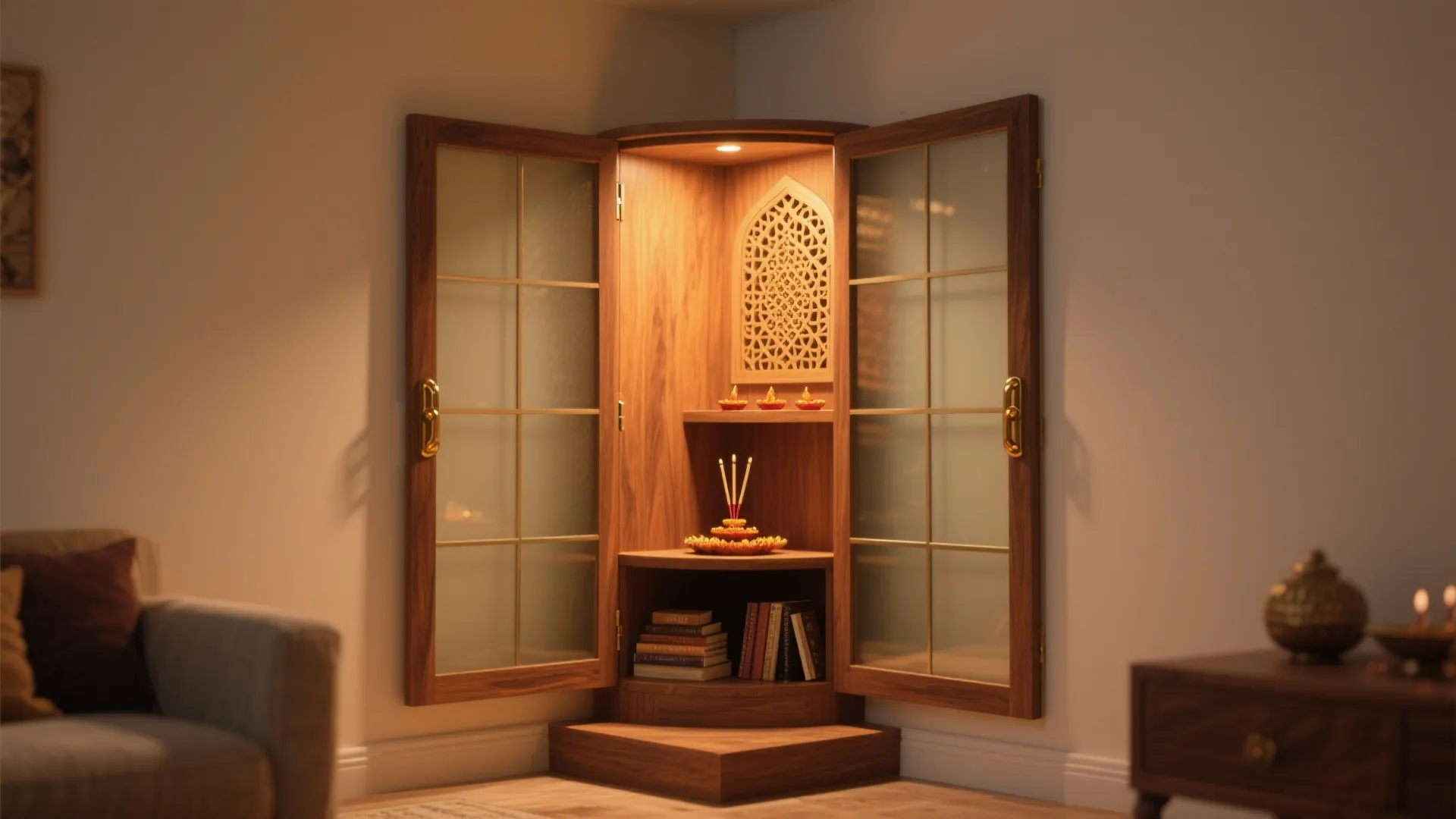 Corner wooden cabinet with glass doors for spiritual prayer items in a modern living room